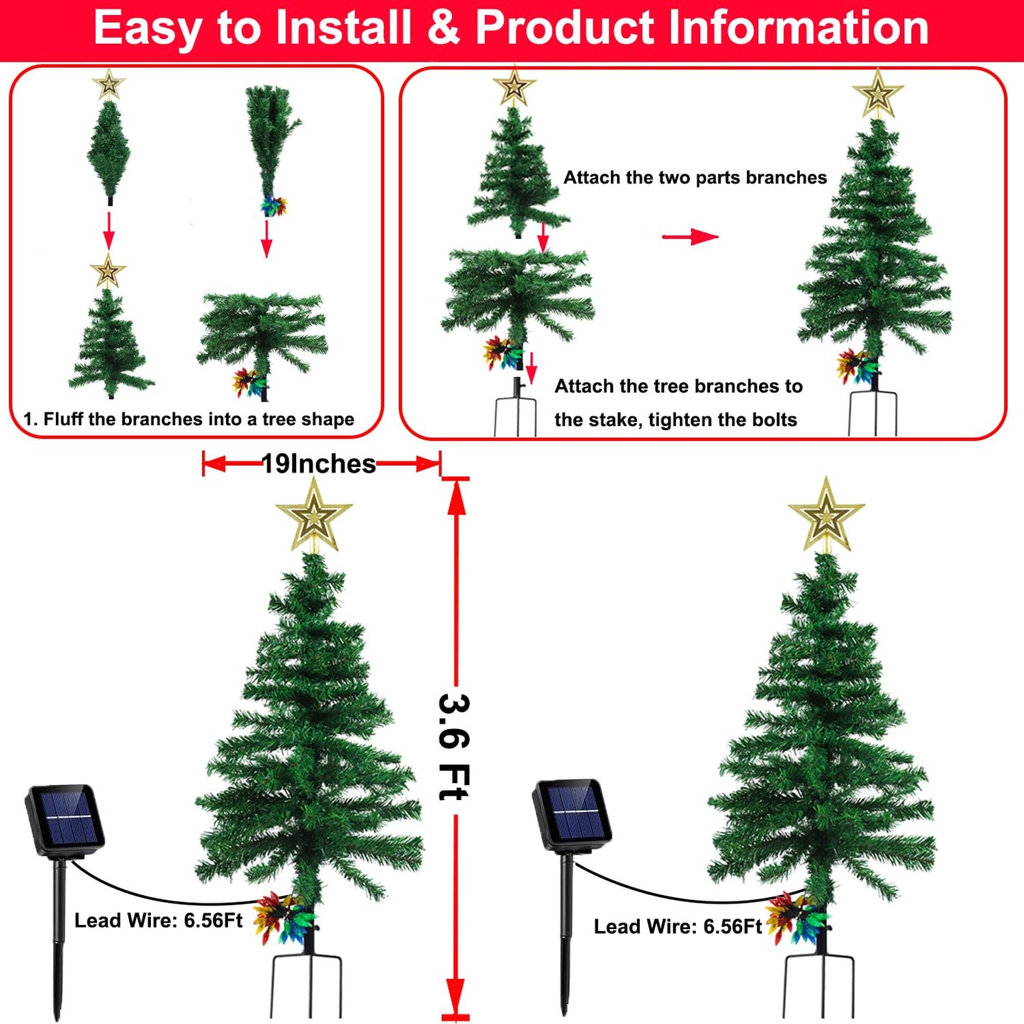 2-Pack 3.6FT Solar Christmas Tree Outdoor Christmas Decorations, 8 Modes Solar Xmas Tree Lights with 100 LED, Waterproof Solar Christmas Lights for Yard Front Porch Pathway Grave Cemetery Decor