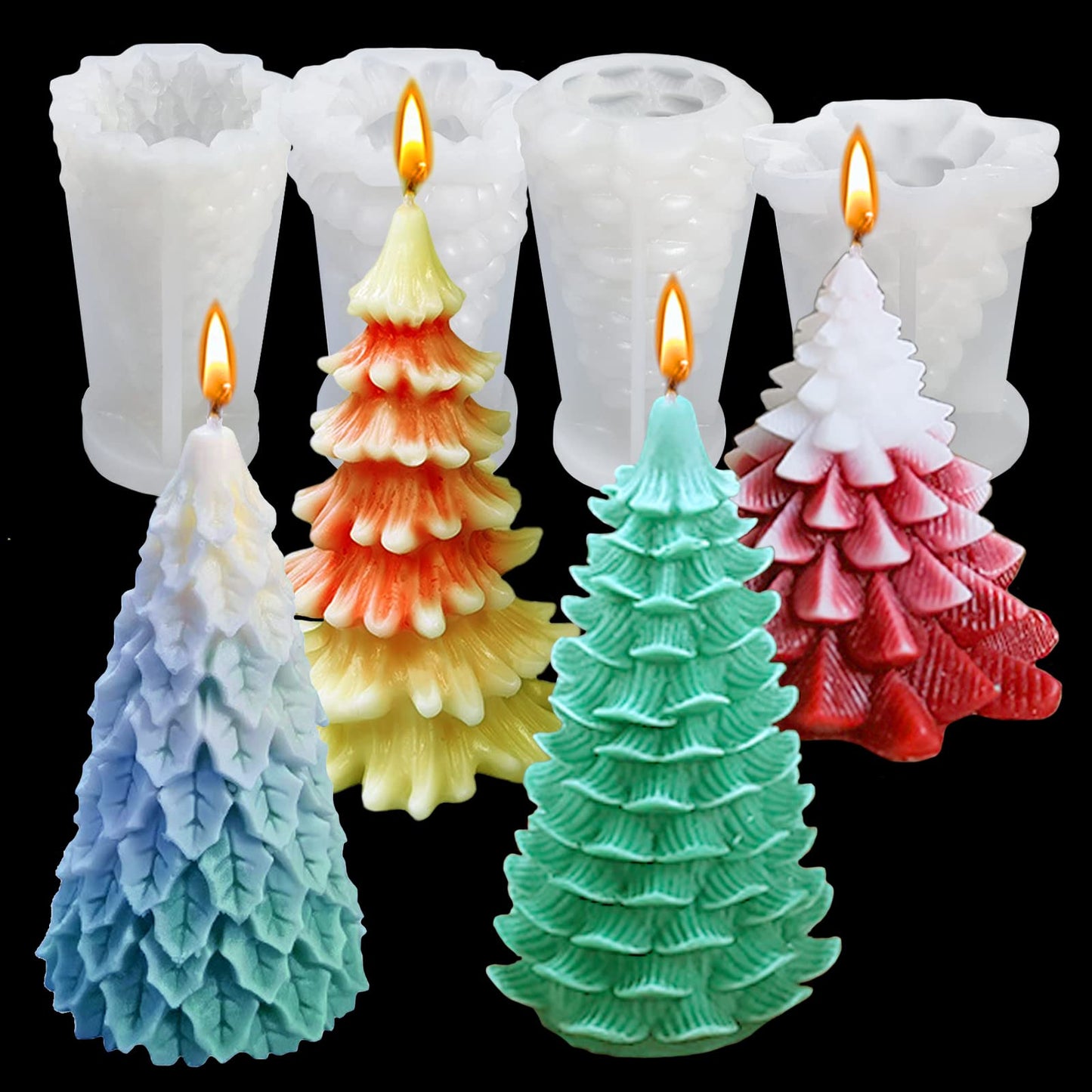 4PCS Christmas Tree Silicone Mold, 3D Candle Molds for Candle Making, Tree Shaped Silicone Epoxy Resin Mold, Ornament Mould for DIY Wax Candle Soap Art Craft Cake Chocolate Home Decor