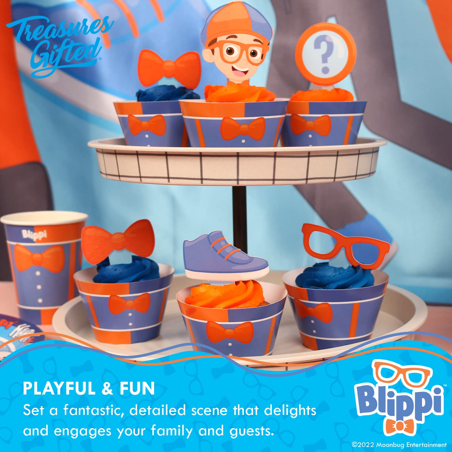 Treasures Gifted Officially Licensed Blippi Birthday Decorations - Cake Topper Set - 1 Cake Topper & 24 Cupcake Toppers & Wrappers - Blippi Party Supplies