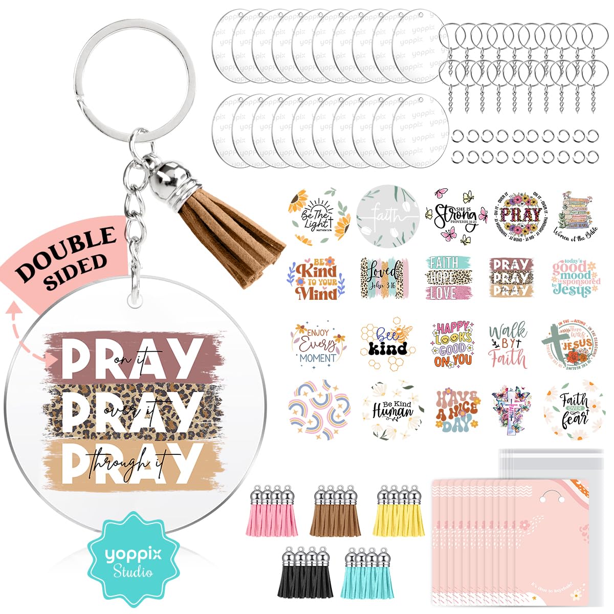 YOPPIX 140 PCS Acrylic Keychain Blank Set, Faith Double-Sided UV DTF Stickers Acrylic Keychain Making Kits for Vinyl DIY Craft Project Employee Appreciation Gifts