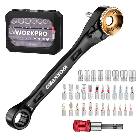 WORKPRO 34-Piece 1/4" Mini Ratchet Wrench, 72-Tooth, Right Angle Screwdriver Mens Gifts, 90 Degree Offset Ratcheting Screwdriver Pocket Mini Low Profile Ratchet Wrench Bit Socket Set for Tight Space