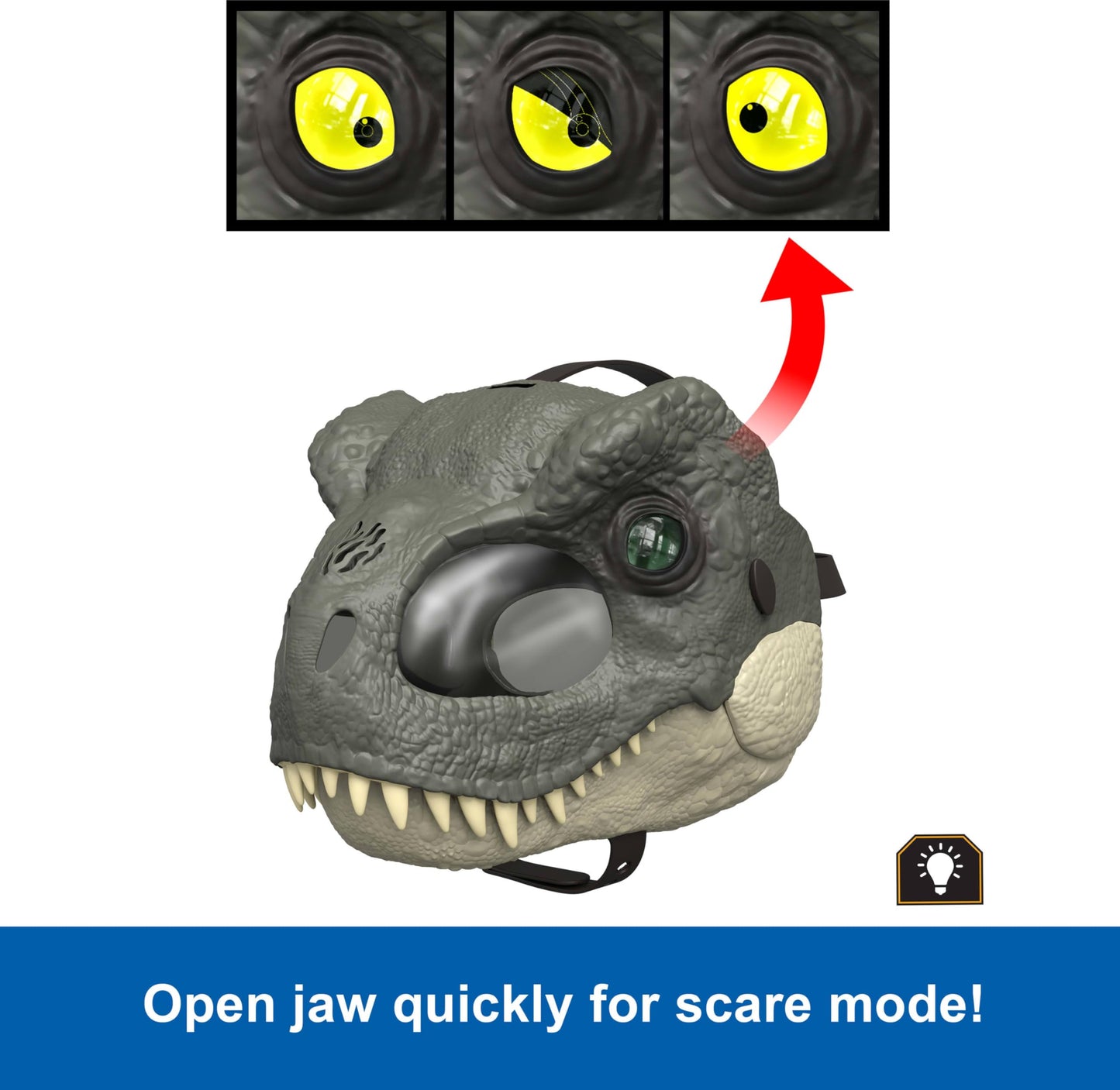 Mattel Jurassic World Rebirth T-Rex Rage N Roar Mask with LED Light Up Eyes, Blink Action with 3 Level Aggression Effect, Dinosaur Costume Headgear Toy