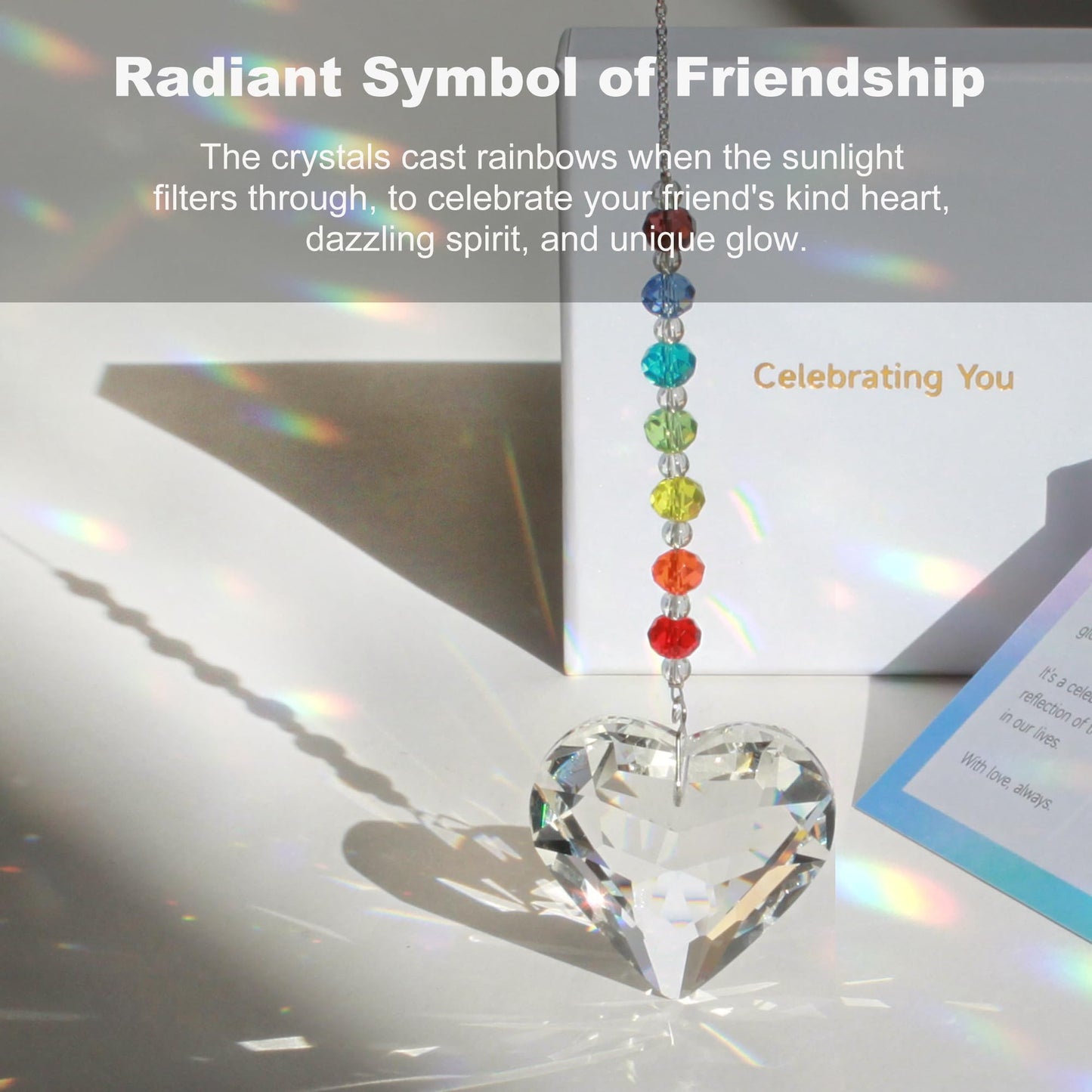 WOOWA Celebrating You! Friendship Gifts, BFF, Bestie Gifts. Best Friend Birthday Gifts. Unique 45 mm Crystal Heart Rainbow Maker Hanging Ornament