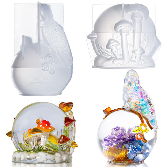LET’S Resin Crystal Ball Resin Molds, Crystal Orb Decorative Statue Silicone Molds with Mushroom Stand and Bird Figurine,3D Sphere Epoxy Resin Molds for DIY Tabletop Decor, Housewarming Gifts