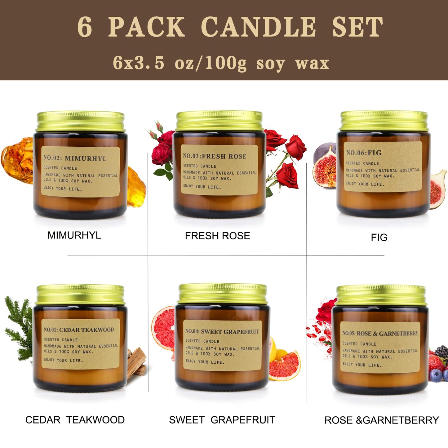6 Pack Candles for Home Scented, Aromatherapy Candles Gifts for Women, Natural Soy Wax Long Lasting Amber Jar Candles Set for Men, Gifts for Birthday, Valentine's, Mother's, Anniversary, Christmas