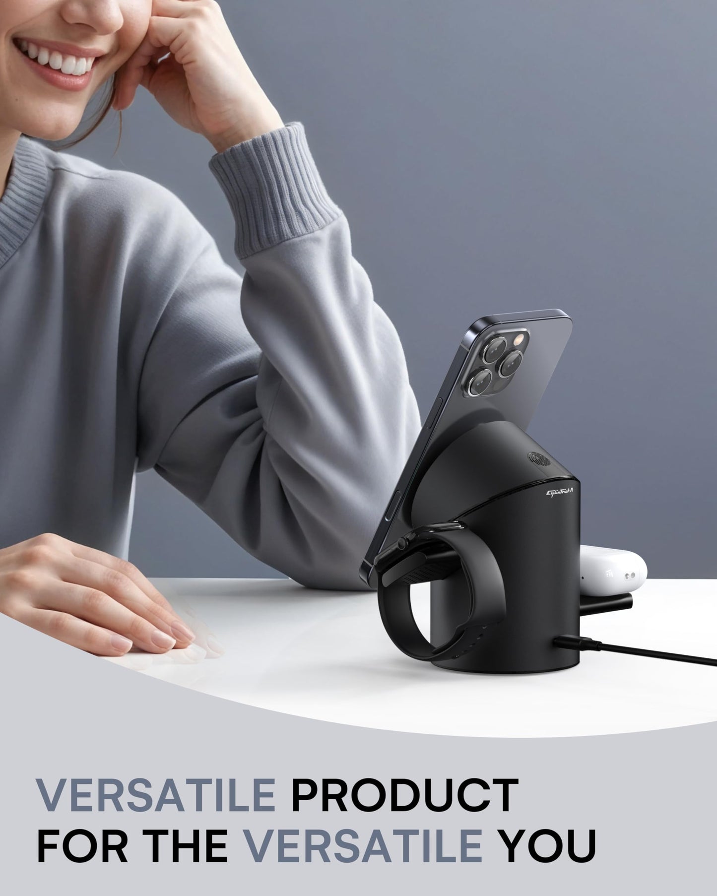 ZEEHOO 3 in 1 Charging Station for Apple Devices, Mag-Safe Charger Stand, Qi2 15W Auto-Rotating Wireless Charging Station for iPhone 16/15/14/13/12 Series& AirPods& iWatch(Black)