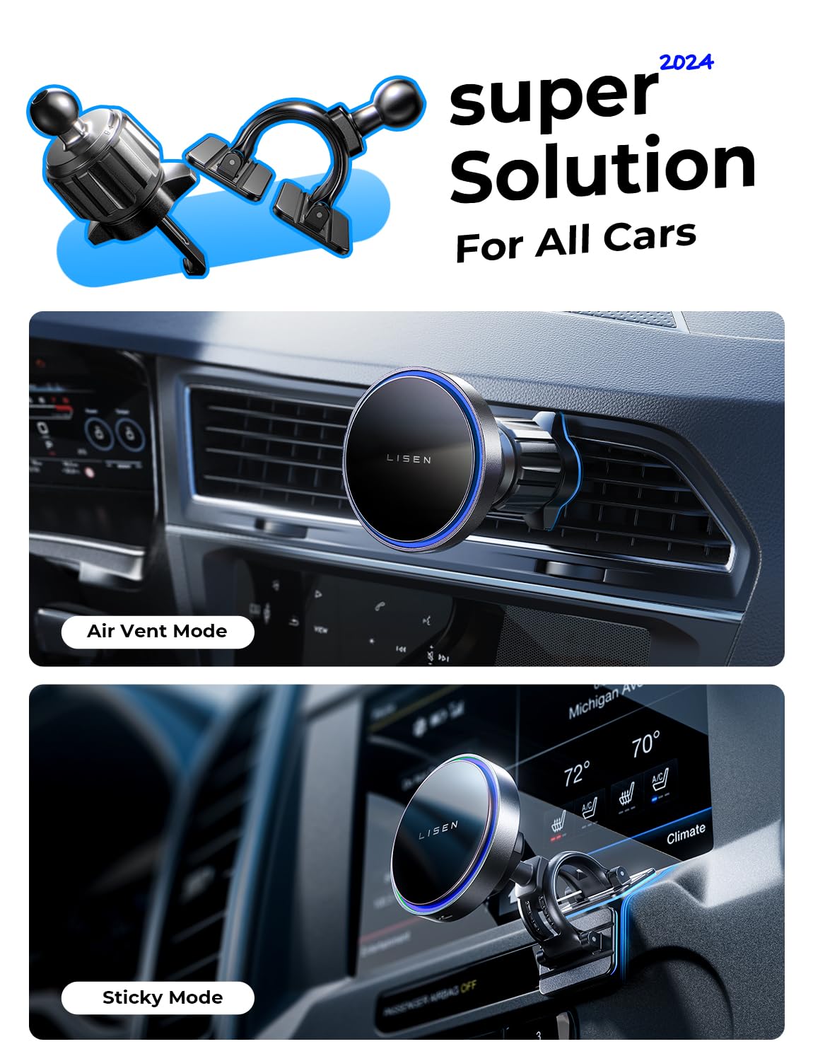 LISEN for 15W MagSafe Car Mount Charger,Magnetic Wireless Car Charger for iPhone 16 Pro Max Accessories,Magnetic Phone Holder for 17 iPhone 16e 15 14 13 12,Samsung ＆ Pixel with MagSafe,Gifts