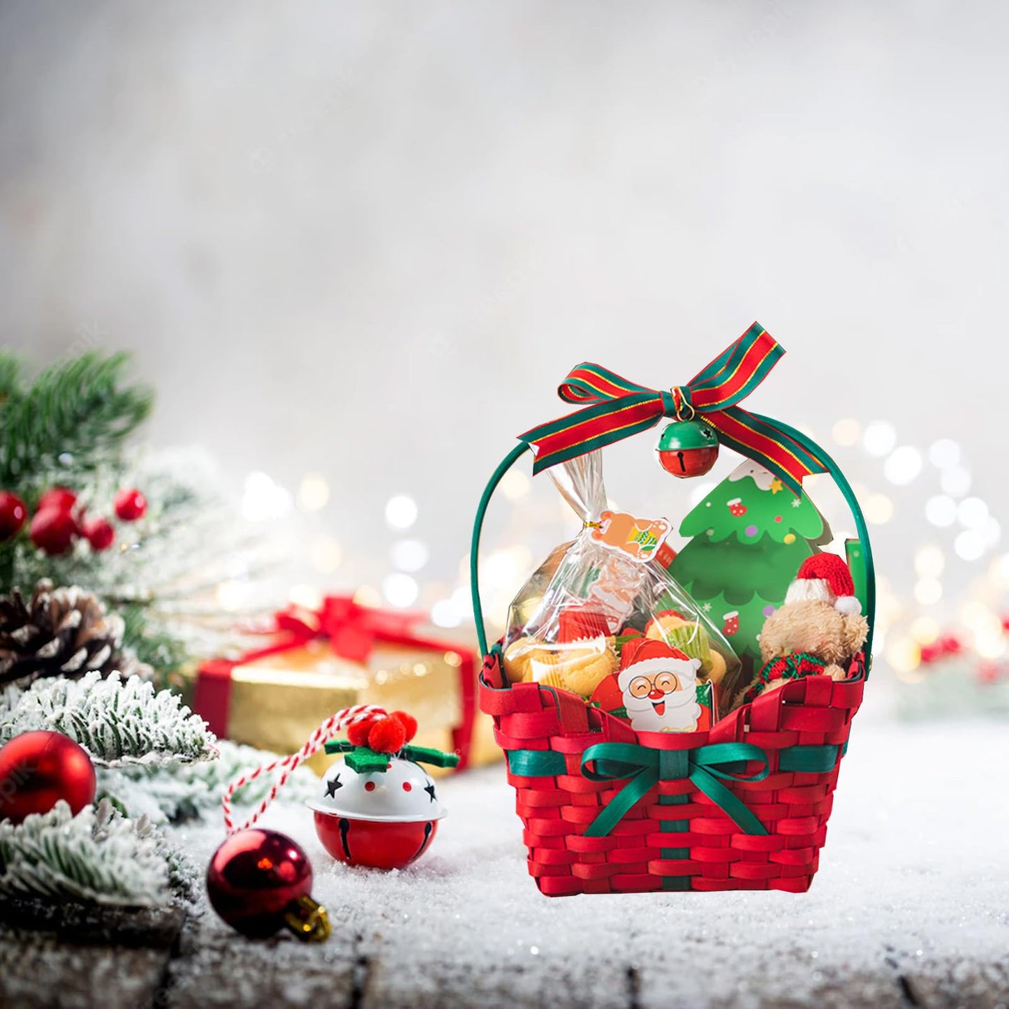 Christmas Baskets for Gifts Empty Hand-Woven Rectangle Red & Green Storage Baskets with Handle & Bow, Small Xmas Tote Basket for Holiday Decorative Present Wrapping (Red)