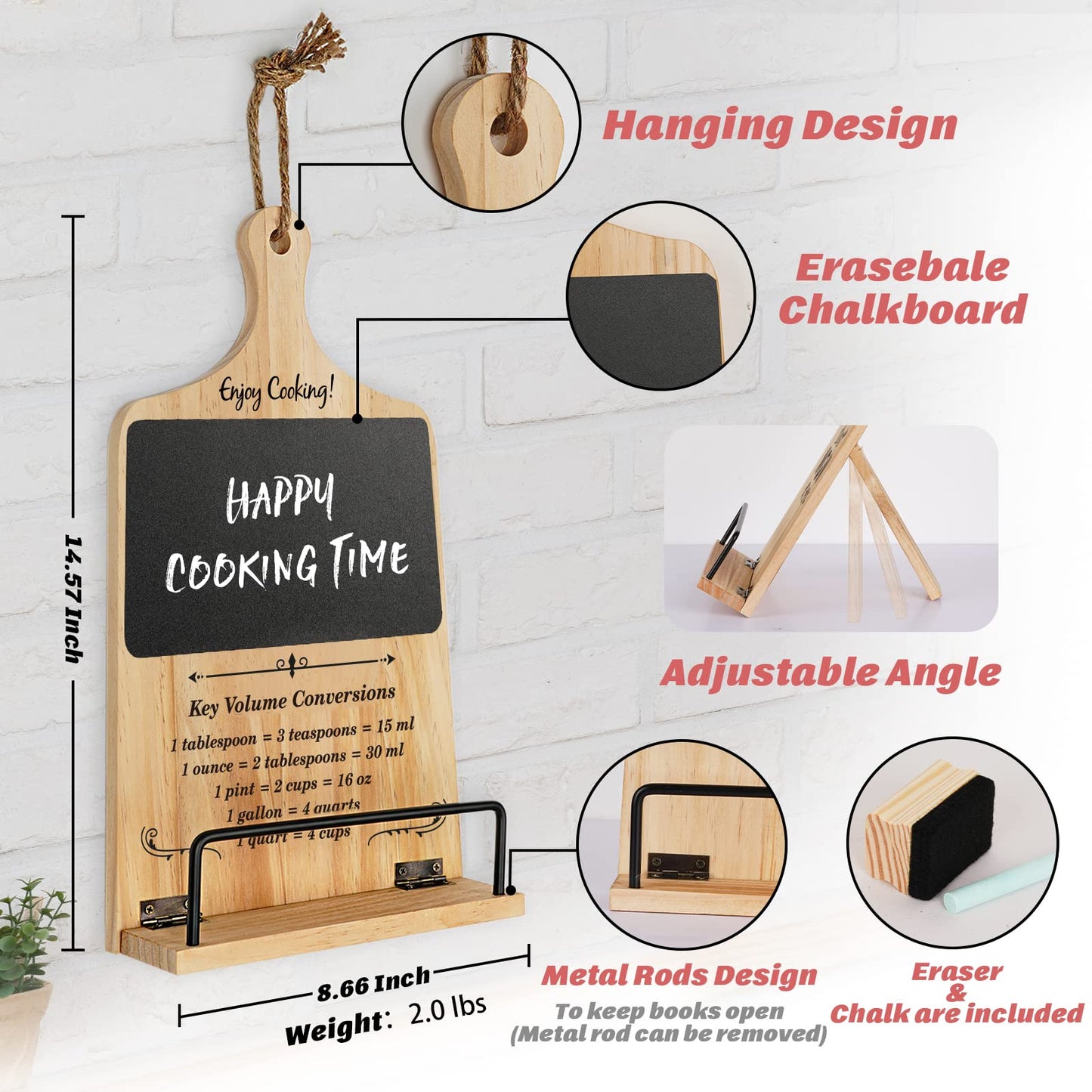 Cookbook Stand with Chalkboard Eraser, Birthday Gifts for Women Mom Wife Grandma, Kitchen Gifts for Woman, Recipe Book Holder Stand, Present Gift Ideas Christmas Xmas, Cookbook Holder