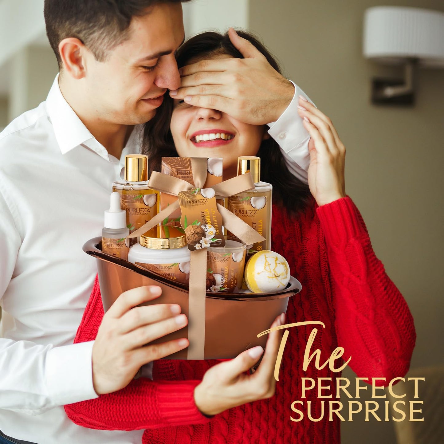 Spa Gift Basket for Women, Coconut & Vanilla Luxury Home Spa Kit, 8pcs Bath Gift Set, Birthday Gift for Women Unique with Bath Bombs, Scented Candle, Body Lotion, Spa Bath Sets for men Gift