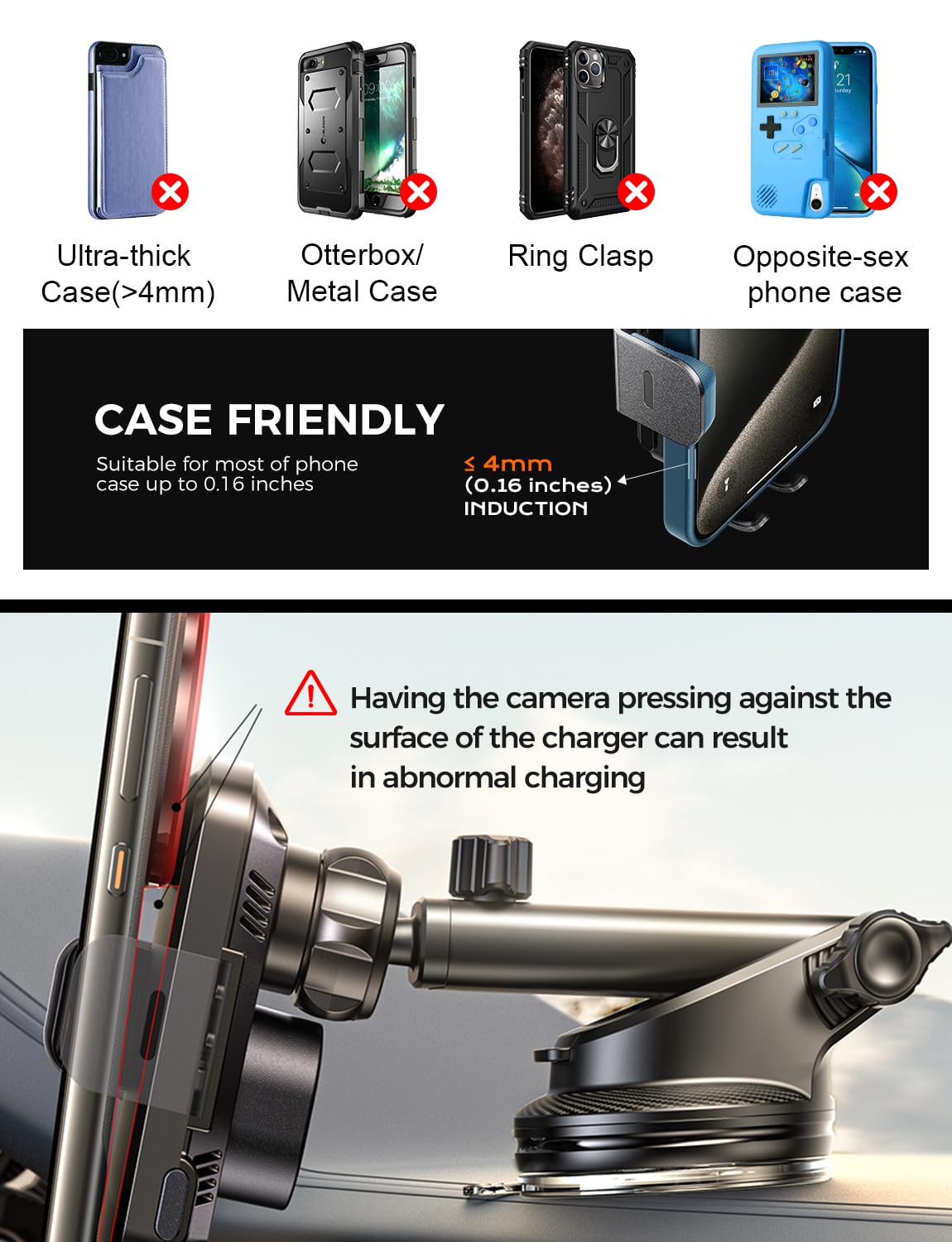 CHGeek Wireless Car Charger with Phone Holder Mount, 15W Fast Charging Auto Clamping Phone Holders for You Car Windshield Dashboard Air Vent Accessories for iPhone, Samsung Galaxy, Google, etc