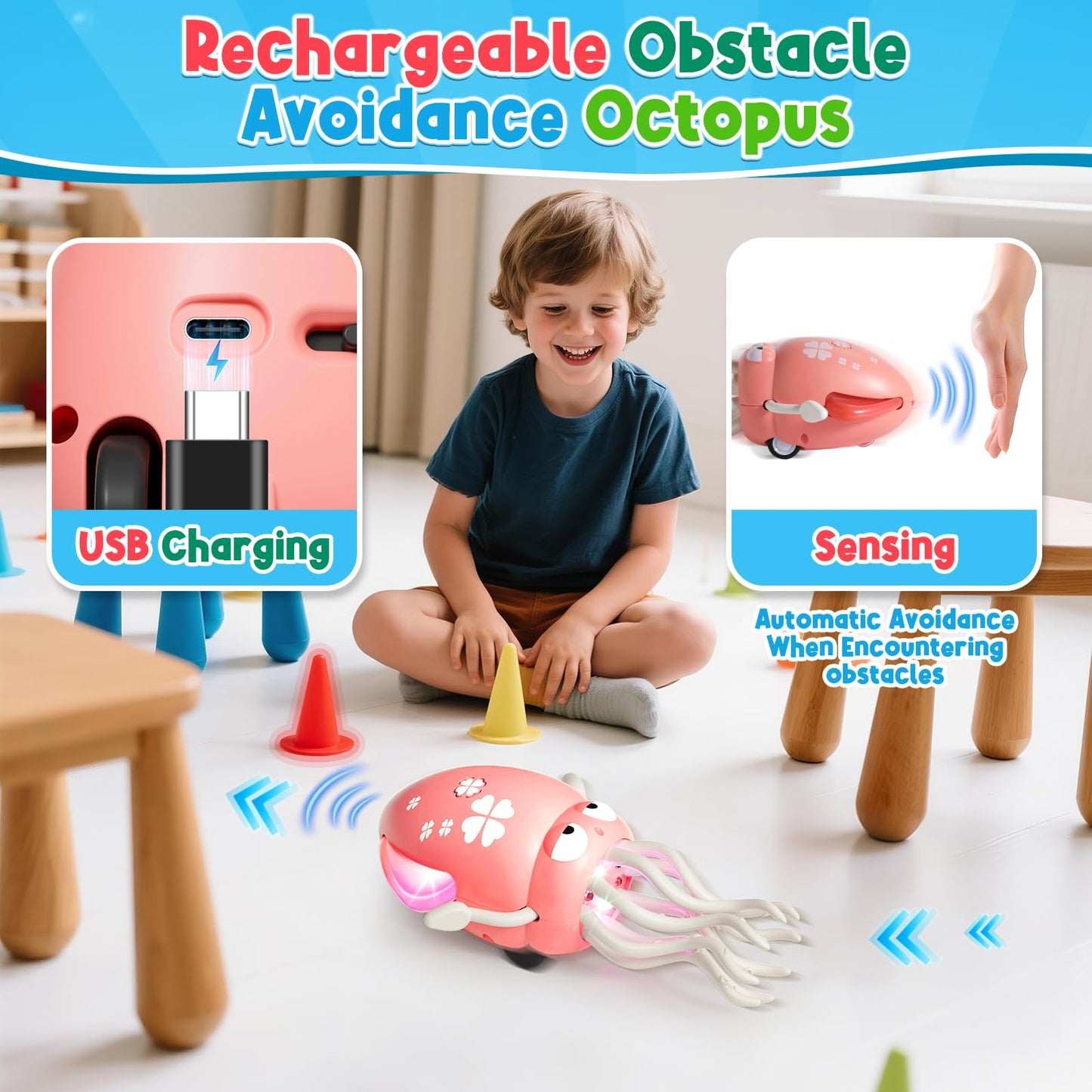 Dancing Squid Baby Toy, Electric Crawling Octopus Tummy Time Toy, Rechargeable Magic Dancing Music Squid Baby Toys for 3 4 5 6 Year Old Kids Boy Girl Birthday Gifts Christmas Stocking Stuffers (Pink)