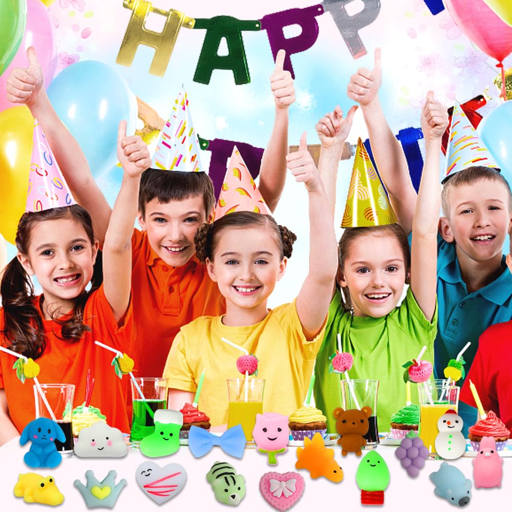 100 Pack Squishies Toys, Tiny Mochi Squishy Fidget Toys Random Bulk Party Favors for Kids 4- 8 8-12 Goodie Bag Pinata Stocking Stuffers Classroom Prizes Treasure Box Egg Fillers Girls