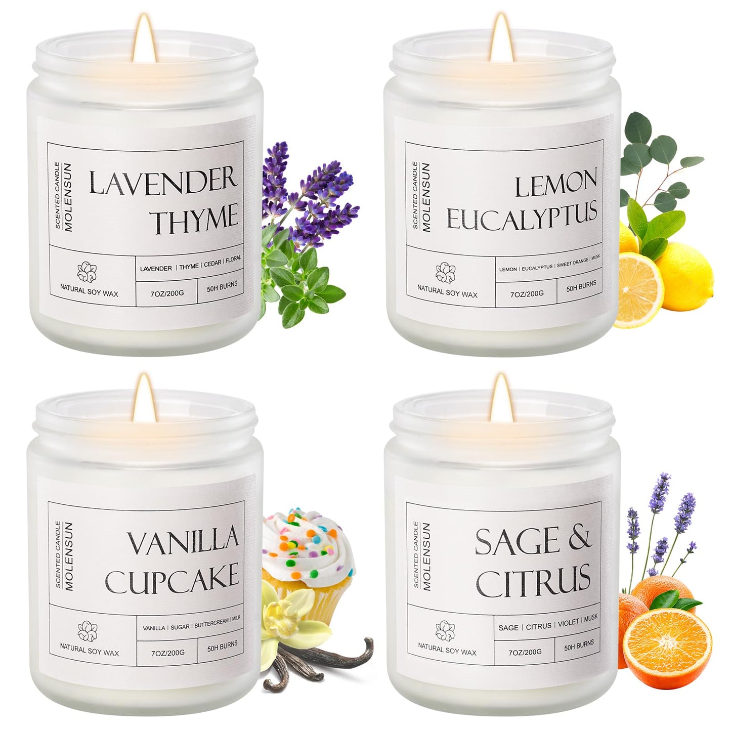 Molensun 4 Pack Candles for Home Scented, Mother's Day Gifts, 28 oz Long Lasting Candles, Soy Candle Set Gift for Women - Lavender Thyme/Lemon Eucalyptus/Sage &Citrus/Vanilla Cupcake