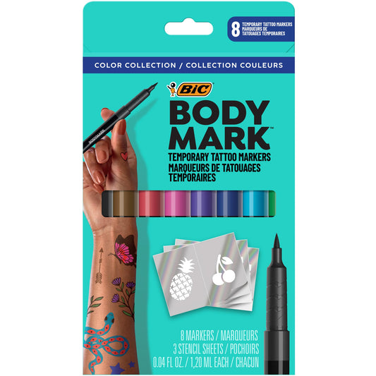 BIC BodyMark Temporary Tattoo Markers for Skin, Color Collection, Flexible Brush Tip, 8-Count Pack of Assorted Colors, Skin-Safe, Cosmetic Quality