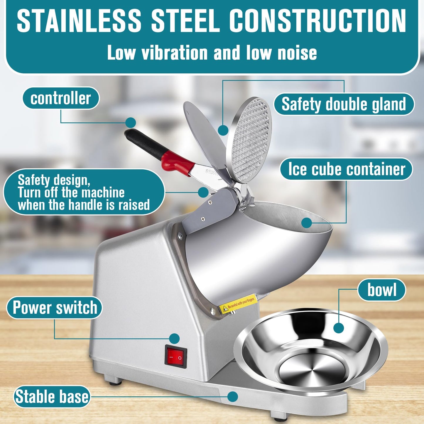 Snow Cone Maker Electric Shaved Ice Machine Stainless Steel - Ice Crusher Ice Shaver, 300W 2000r/min w/Stainless Steel Blade, 110V Ice Crushers Machine for Home and Commercial Use