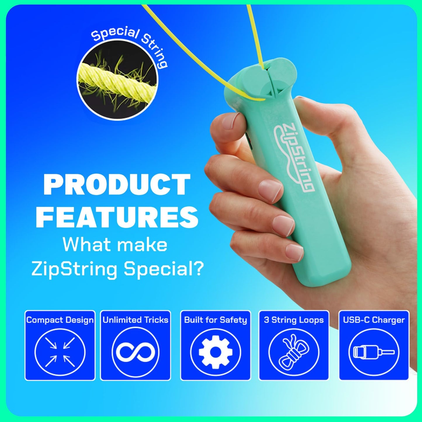 ZipString Original - As Seen on Shark Tank - Classic Rope Launcher Toy, Perfect for Kids & Adults - Fly a String Loop in The Air for Endless Tricks & Fun, Wonderment Awaits, Aesthetic Aqua