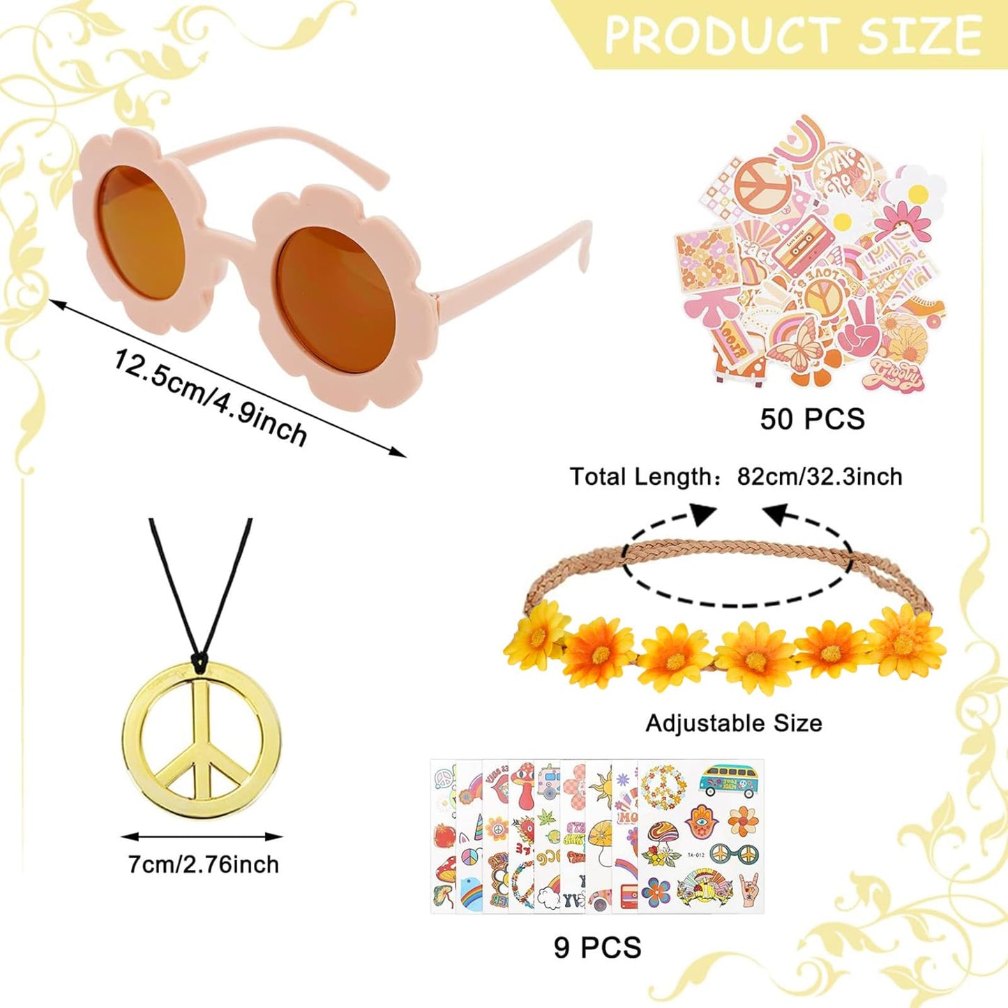 Whaline 77Pcs Groovy Hippie Party Accessories Daisy Flower Headbands Hippie Round Flower Glasses Peace Sign Necklace Temporary Tattoos for Retro Boho Costume Accessories Kids 60s 70s Party Gifts