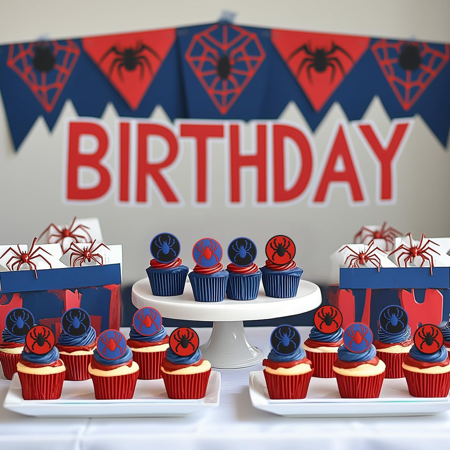 RoundFunny 48 pcs Spider Cupcake Rings, Spider Cake Toppers, Dessert Decorations for Birthday Parties Birthday Party Gifts Classroom Prizes (red/blue/black)