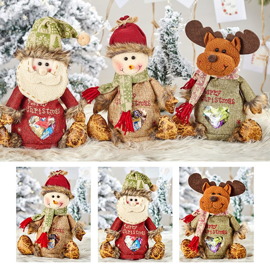 2026 New Christmas Gift Bags Zipper Design, Flax Fabric Christmas Apple Bags Zipper Reusable Santa Snowman Doll Storage Gift Bag for Chritmas Party Decor and Festival (G-3PC)