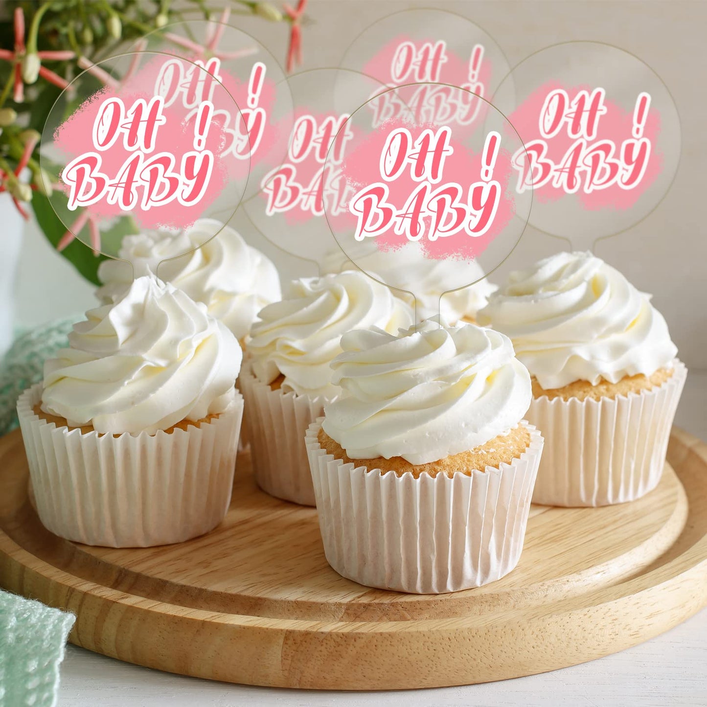 BBTO 100 Pieces 2 Inch Round Clear Acrylic Blank Cupcake Toppers Sticks for DIY Birthday Festival Party Baby Shower Wedding Party Cupcake Decoration