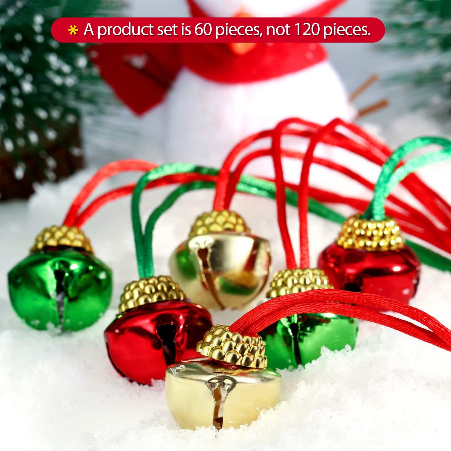 60 Piece Christmas Bell Necklaces - Holiday Necklaces for Christmas Supplies (Red, Green, Gold and Silver)