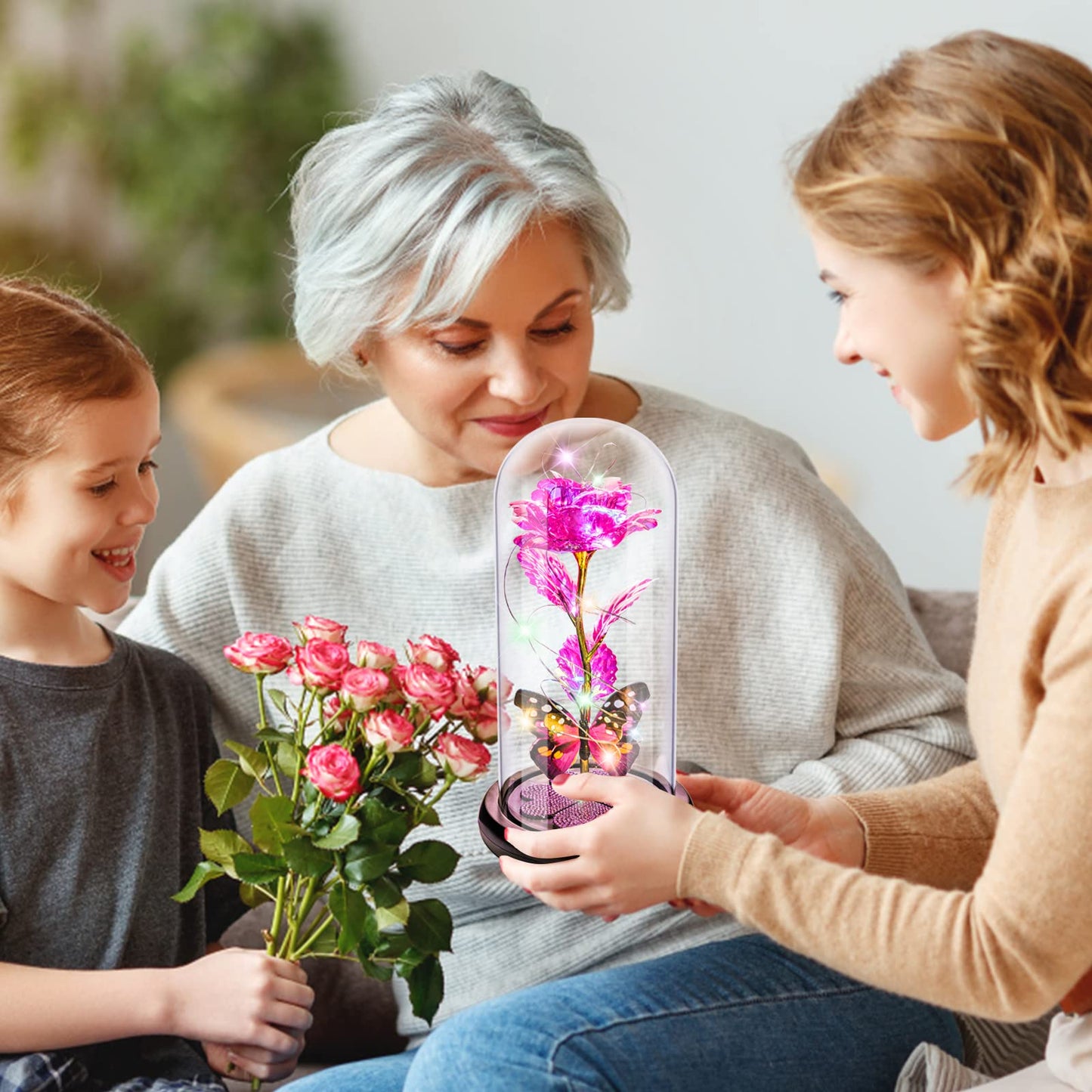 Birthday Gifts for Women Mom, Galaxy Glass Rose Forever Eternal Crystal Flower Light Up Rose in Glass Dome with Butterfly Mothers Day Christmas Rose Gifts for Her Wife Grandma Daughter Friends Pink