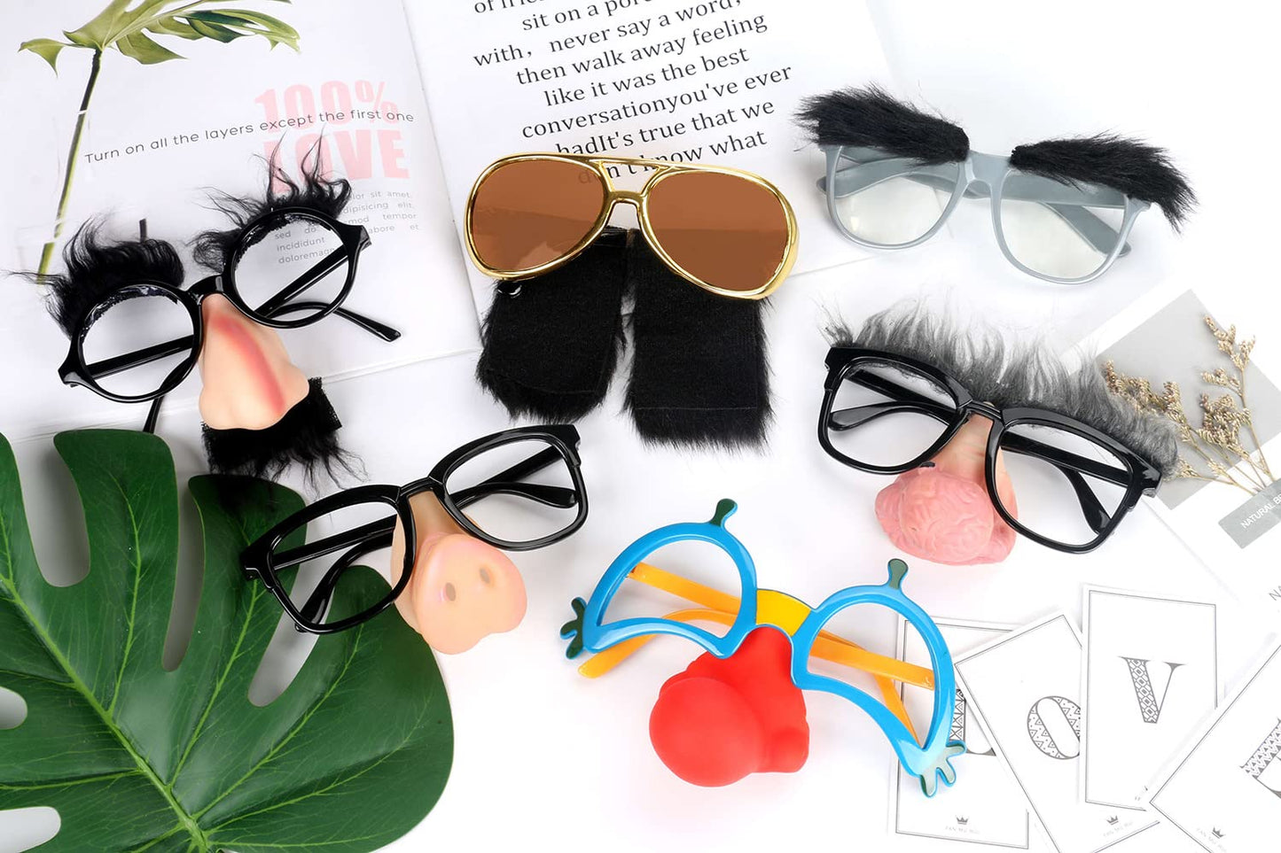 Ocean Line Funny Disguise Glasses, 6 Pairs Novelty Clown Eyewear with Soft Nose for Halloween, Silly Eyebrows Party Favors