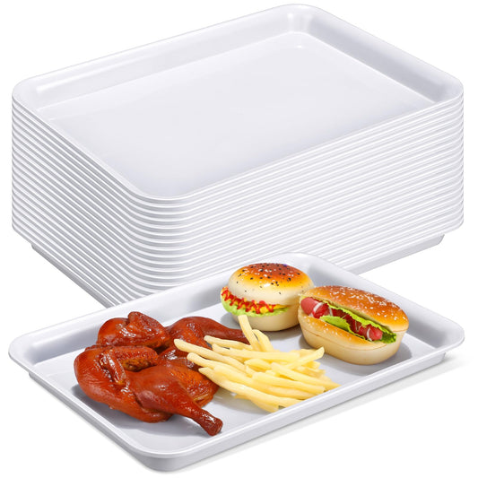 Ziliny 20 Pcs Plastic Serving Trays Bulk Plastic Serving Platters Reusable Rectangle Food Tray Stackable Party Trays for Dinner Snack Dessert in School Cafeteria(White,16 X 11)