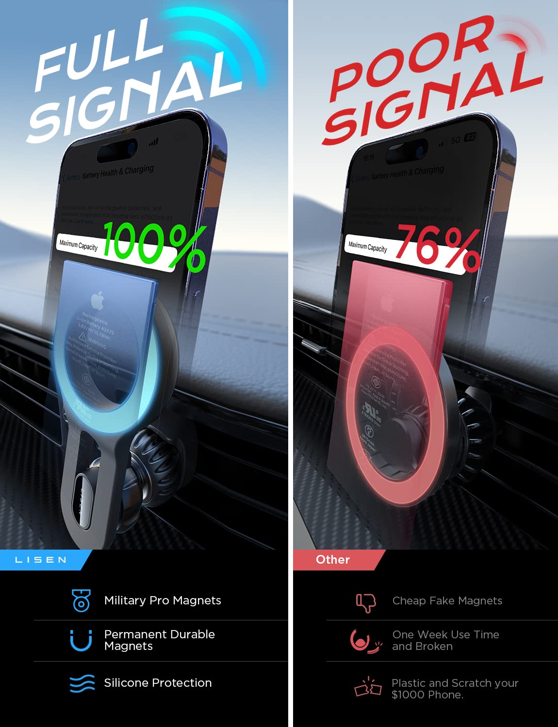 LISEN for MagSafe Car Mount Magnetic Car Phone Mount, Air Vent Phone Holder Car [Super Strong Magnets] Hands Free Cell Phone Holder 17X Strong Clip Car Accessories fit iPhone 16 15 14 13 Pro Plus Max