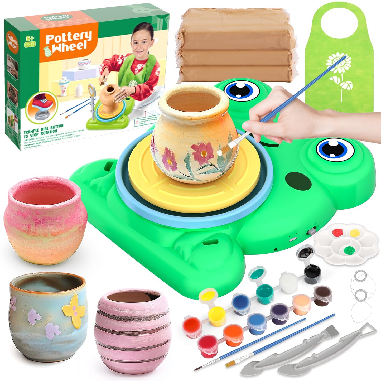 Pottery Wheel for Kids - Complete Pottery Painting Kit Arts and Crafts for Kids Ages 8-12 with 3 Pack Air Dry Clay Art Supplies Toys for Girls Boy Birthday Gift for 6 7 8 9 10 11 12+