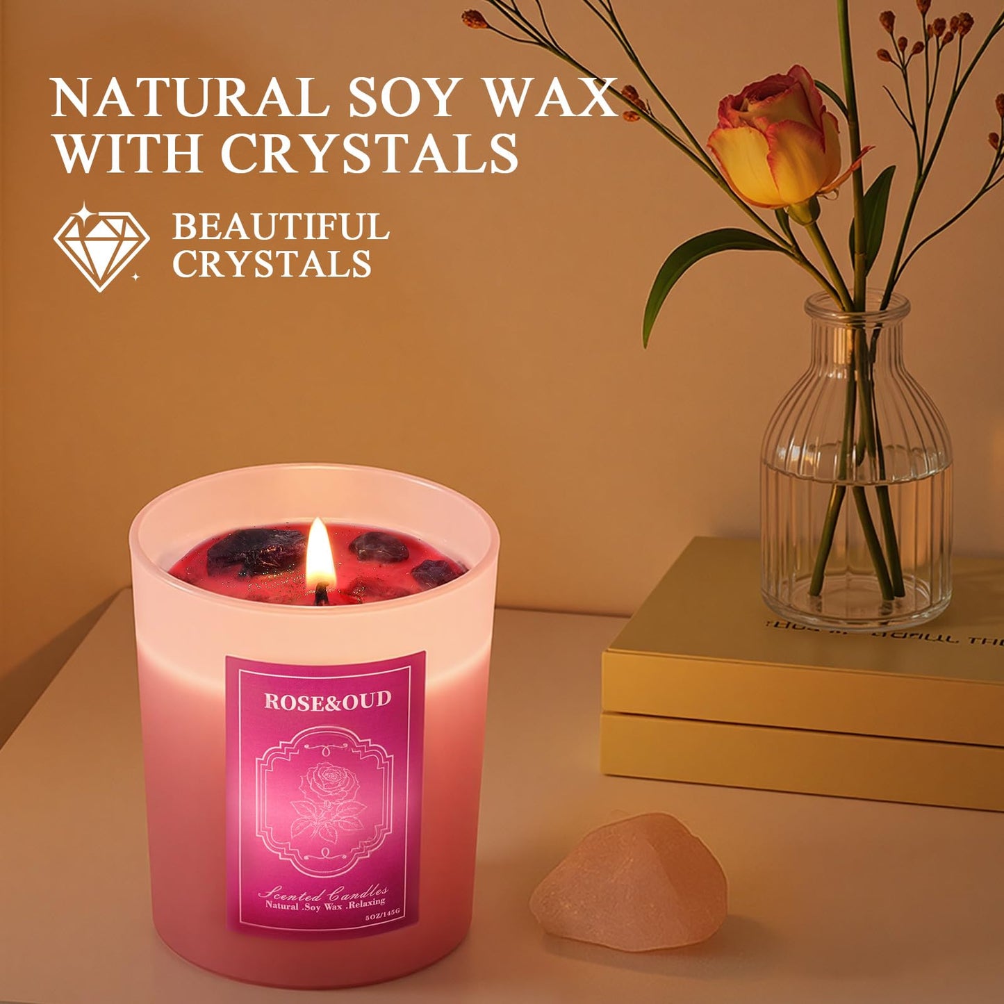 3 Soy Scented Candles for Women- 15OZ Candles for Home Scented with Crystals, Lavender/Vanilla/Rose Aromatherapy Candle Set for Bithday Gifts, Mother's Day, Anniversary, Christmas