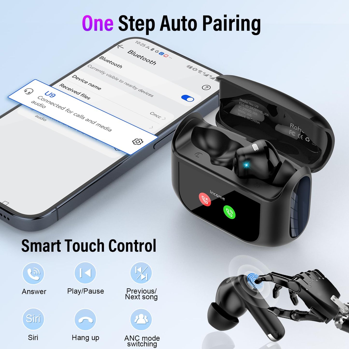 Wireless Earbuds, Bluetooth 5.4 Headphones with Multifunctional Touch Screen, 48H Bass Stereo Ear Buds with ANC/ENC Noise Cancelling/Transparency Mode, IPX7 Earphones with 5 EQ Modes for iOS Android