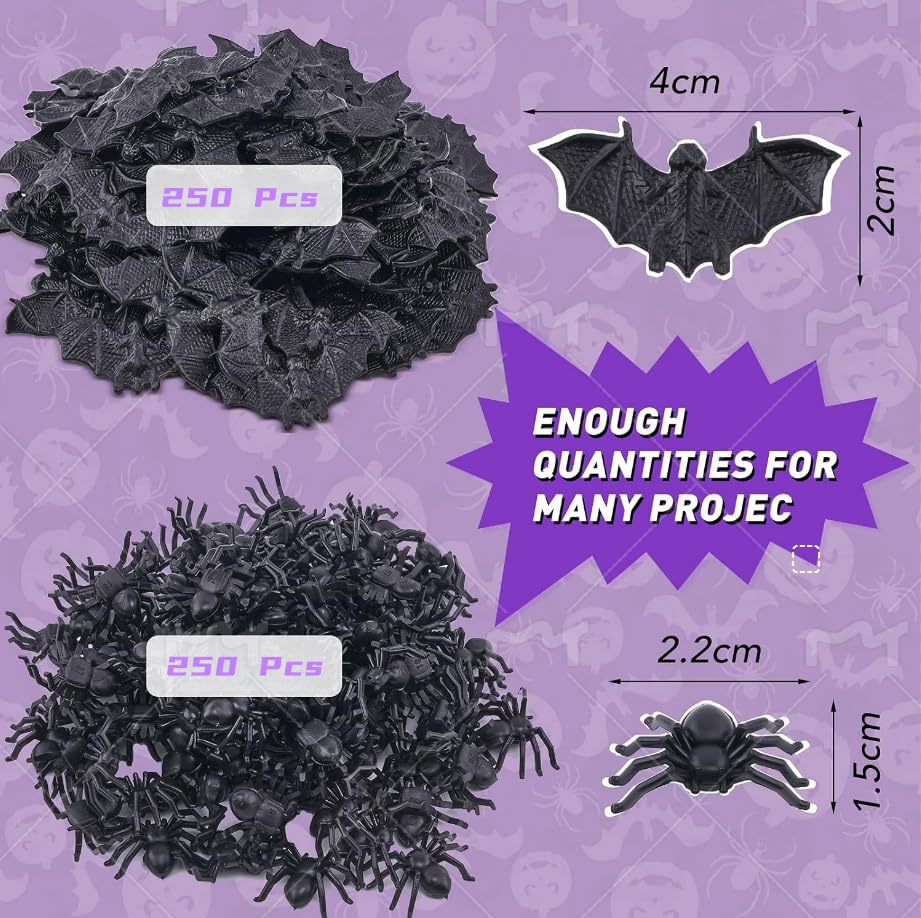 WHXGQ 500 Pcs Plastic Bats Spiders Halloween Mini Bats and Fake Spiders for Decorations Creepy Scary Prank Toys Plastic Insec Toys Halloween Miniatures