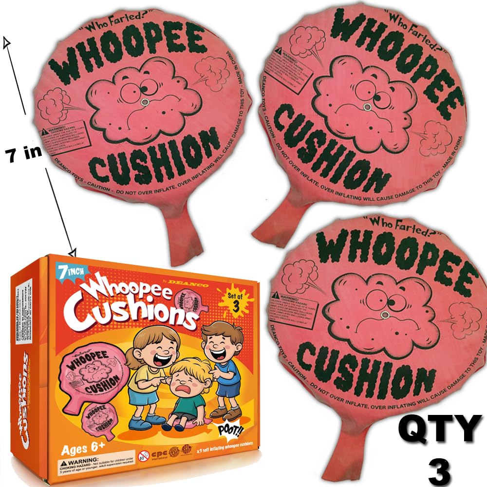 Whoopie Cushion 3 Pack - Three 7 inch Self-Inflating Whoopee Cusions Premium Rubber for Louder Fart Sound, Gag Gifts for Kids and Adults, April Fools Pranks