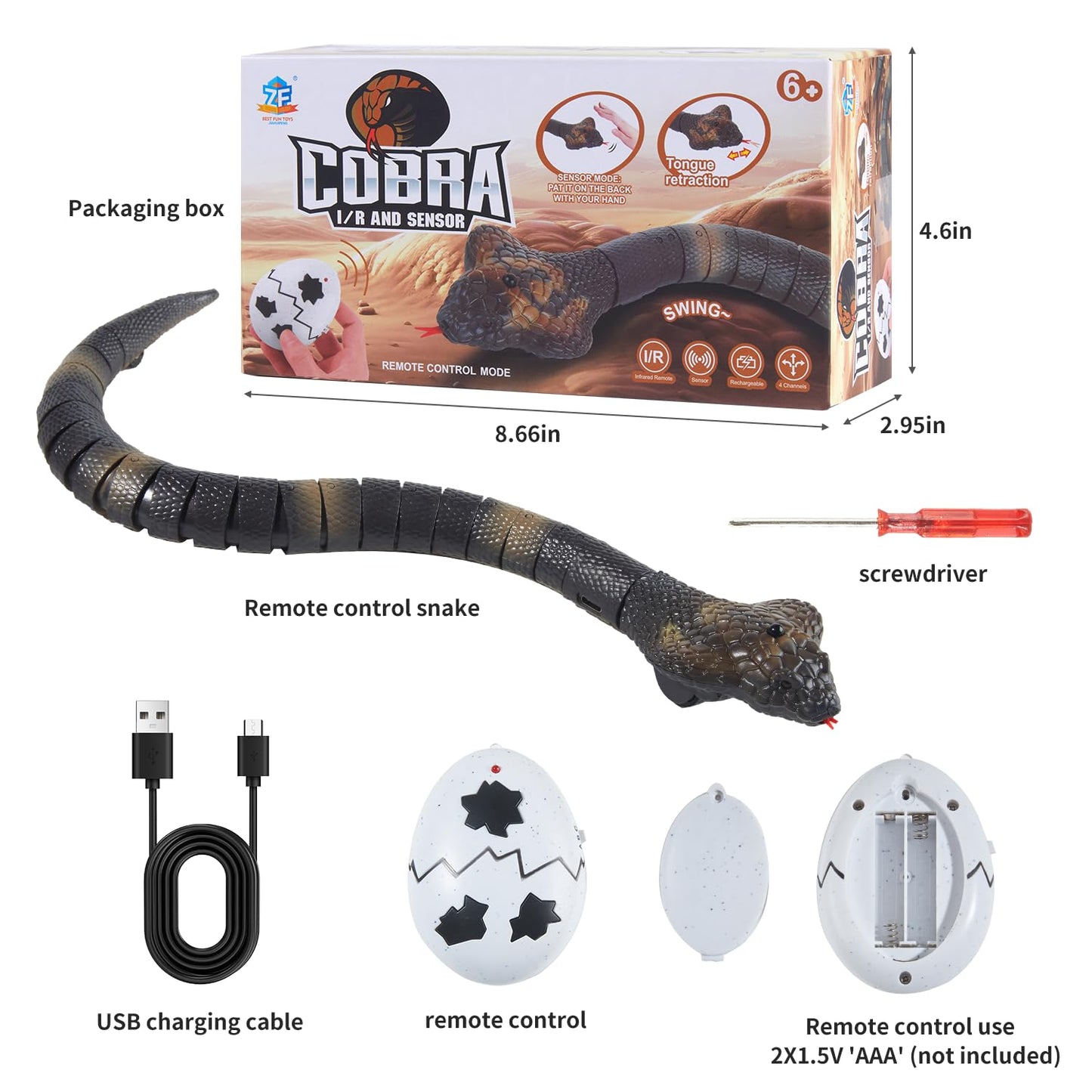 AMCHSURI Remote Control Snakes Realistic Rc Snake Prank Cobra Rechargeable Smart Sensing Cat Toy with Infrared Controller Snake Toys, Remote & Auto-Sensing Modes, Hilarious Prank Gifts for Boys Age 6+