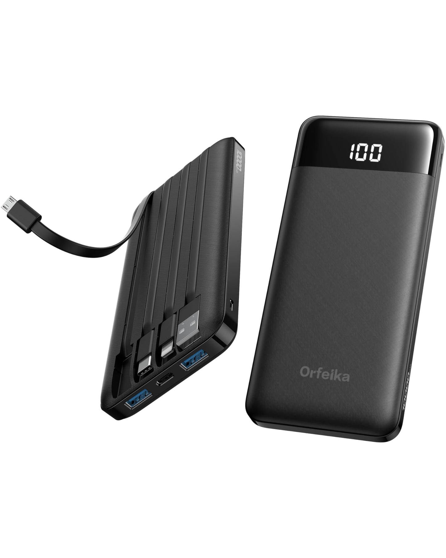 Orfeika Portable Phone Charger, 10000mAh Portable Charger Power Bank with Built-in Cables, Travel Essential Battery Pack Compatible with iPhone, Samsung, Google, iPads, Tablets, etc