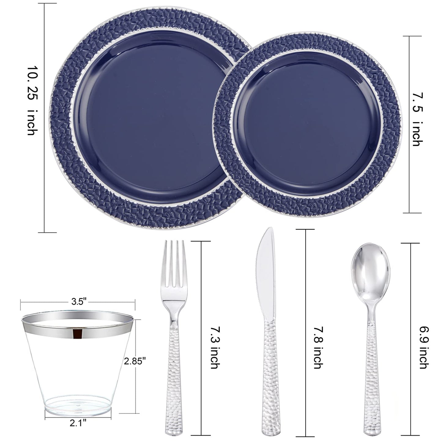 Ciaell 150 PCS Blue and Silver Plastic Plates - Blue Disposable Plate include 50 Plates, 25 Knives, 25 Forks, 25 Spoons, 25 Cups for Weddings & Party & Graduation