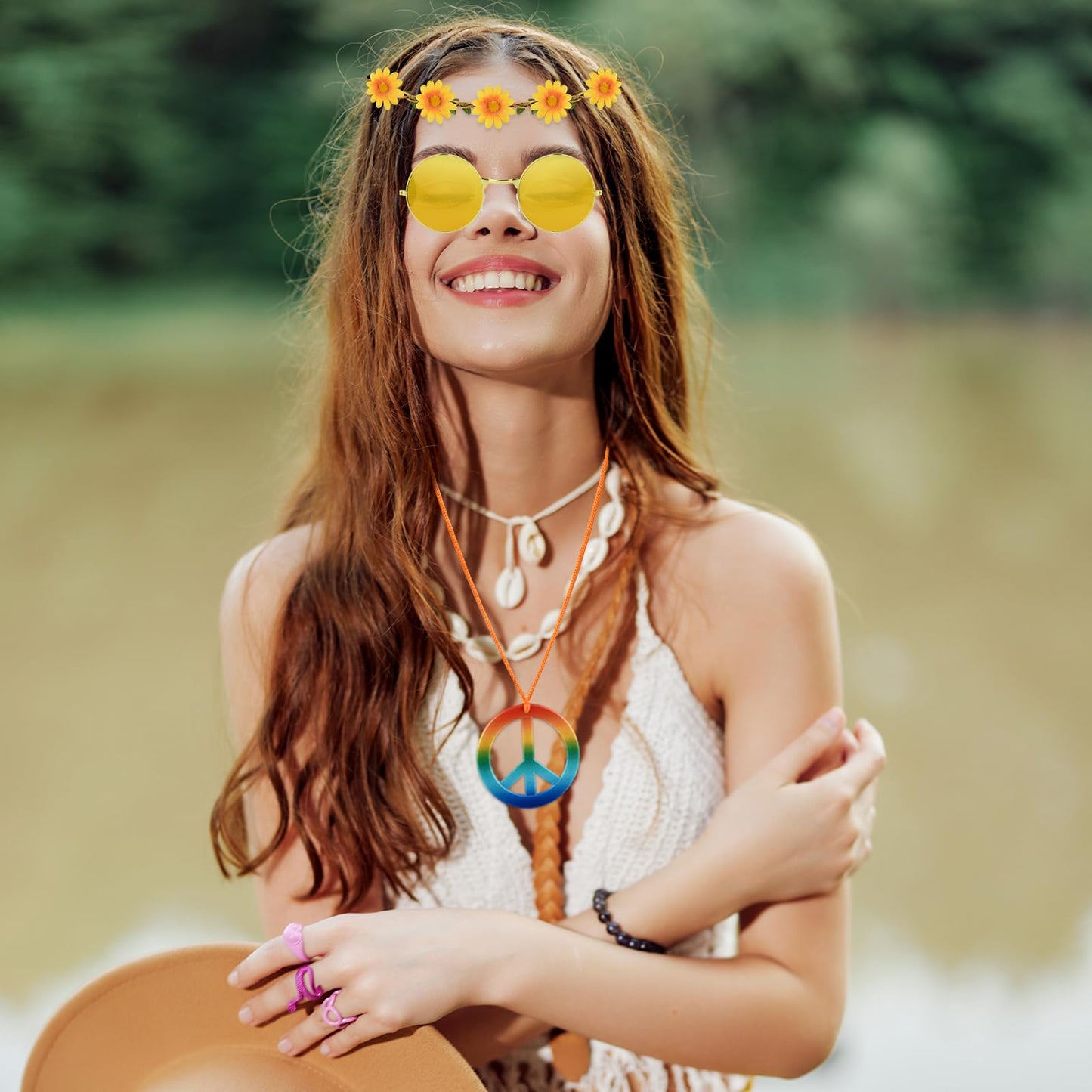 NEBURORA 60 Pieces Hippie Costume Accessory Set Multicolor Sunglasses Daisy Flower Headband Rainbow Peace Sign Necklaces for Hippie Party Supplies