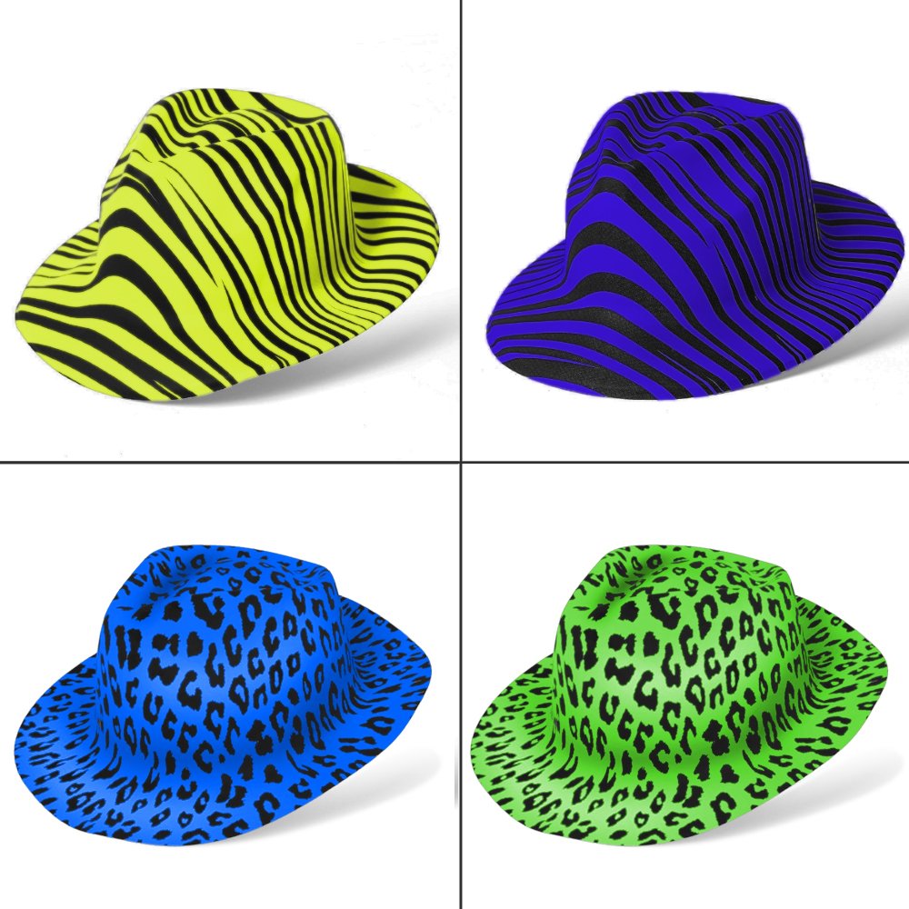 Novelty Place Neon Animal Print Plastic Party Hats, Fedora with Gangster Mafia Style, UV Blacklight Glow Party Stars Rave Hats for Kids and Teens in Birthday, Concerts, Music Party(Pack of 24)