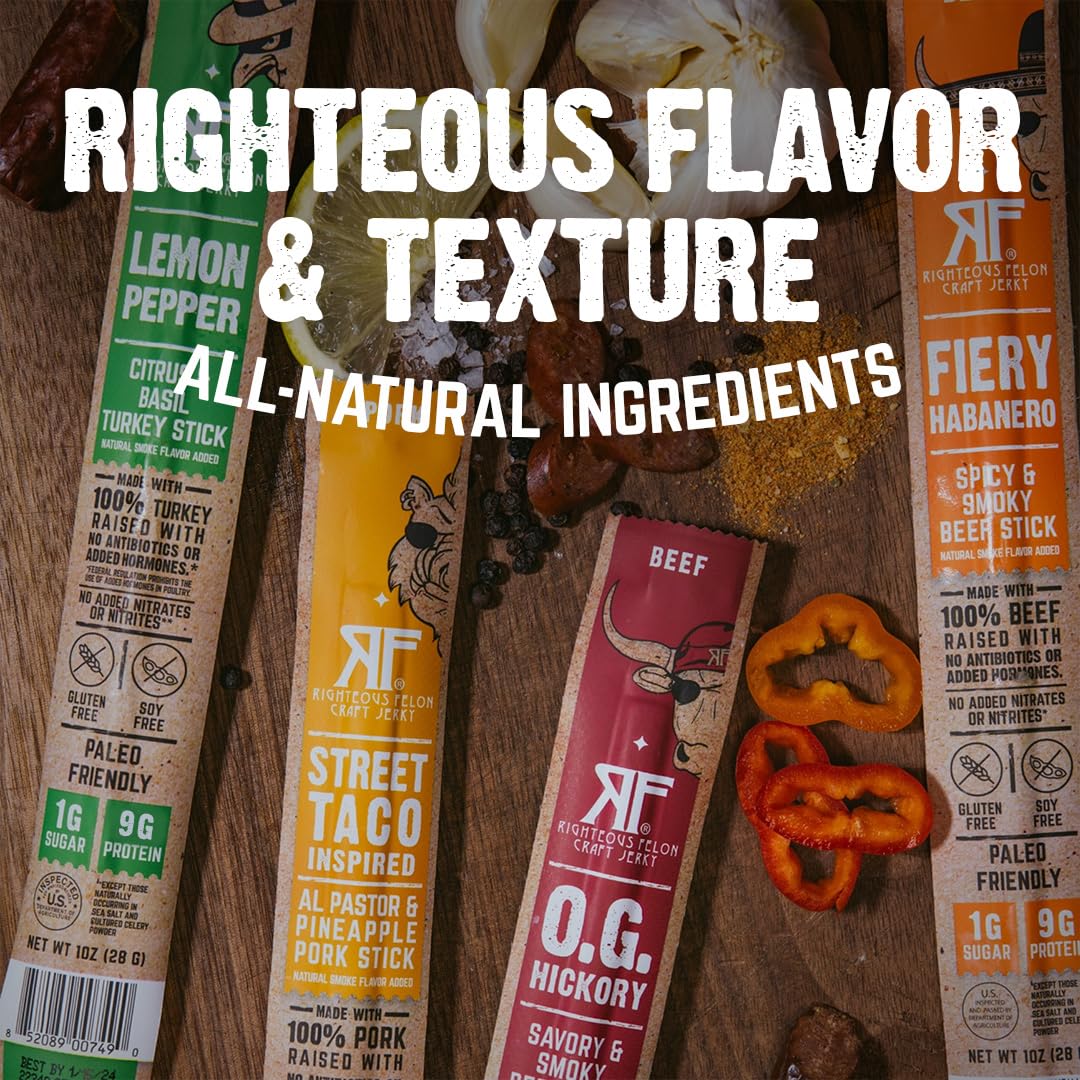 Righteous Felon Meat Sticks Variety Pack | Healthy Snack for Adults | Gluten Free & Keto Meat Sticks | Low Sugar & High Protein | Turkey, Pork, Beef Sticks | Jerky Gifts for Men | 24 Pack