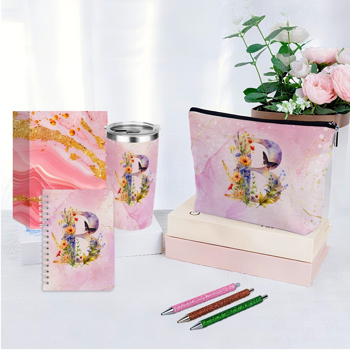 XLRSDF Personalized Gifts Monogrammed Birthday Gifts for Women, Cowerker Mom Boss Day Christmas Initial 20 oz Tumbler, Makeup Bag Cup Ballpoint Pens Journal Notebook 6 Set, (Aesthetic Pink Flower B)