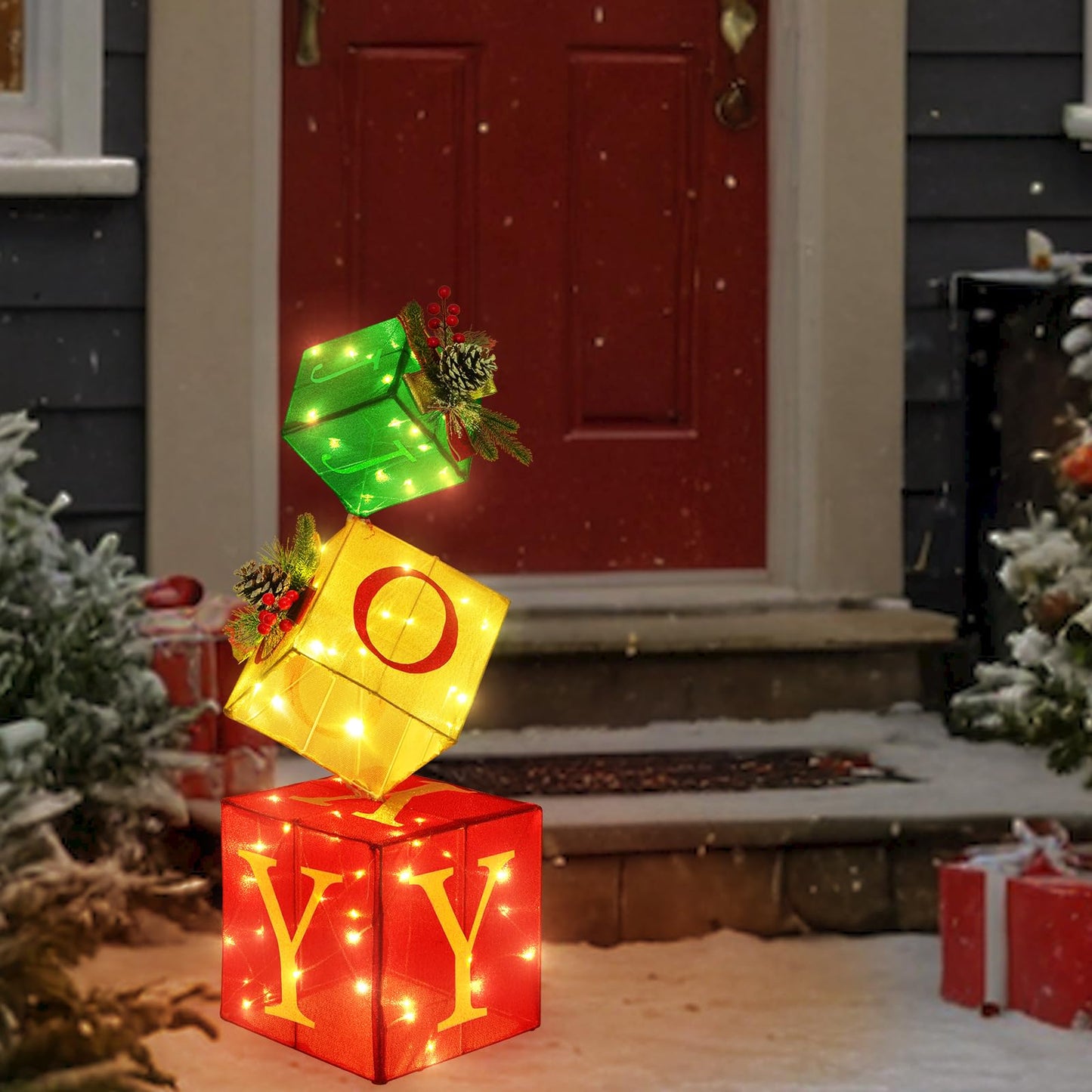 COVFEVER Christmas Joy Lighted Gift Boxes Decorations Set of 3, 2.6Ft Stackable Christmas Nesting Boxes Battery Operated for Home and Party Decoration