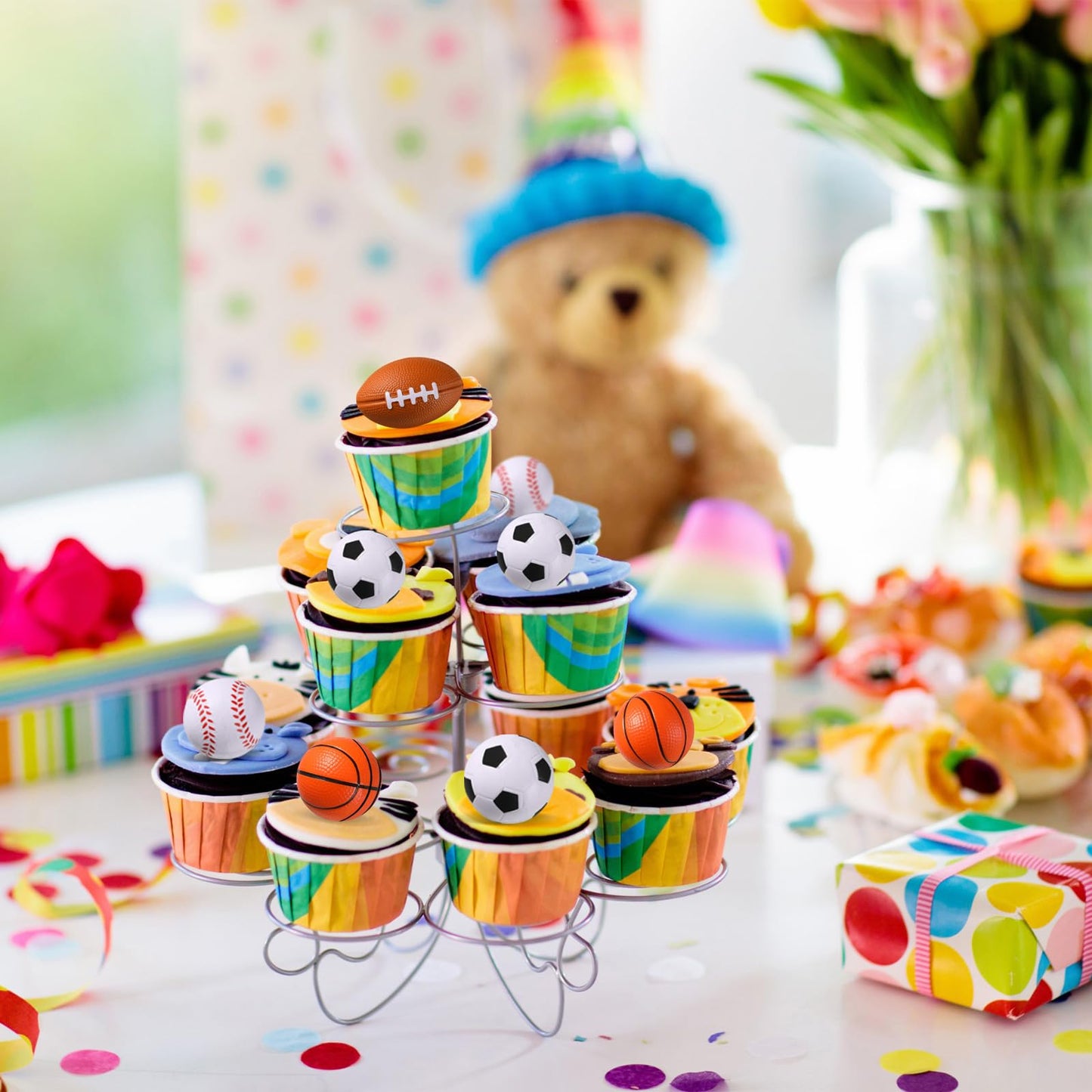 XunYee 32 Pcs Mini Foam Balls Sports Cupcake Toppers 1.6 Inch Basketball Soccer Stress Ball Small Football Baseball Cake Topper Sports Party Favors for Birthday Party Supplies Decoration(Mixed Balls)