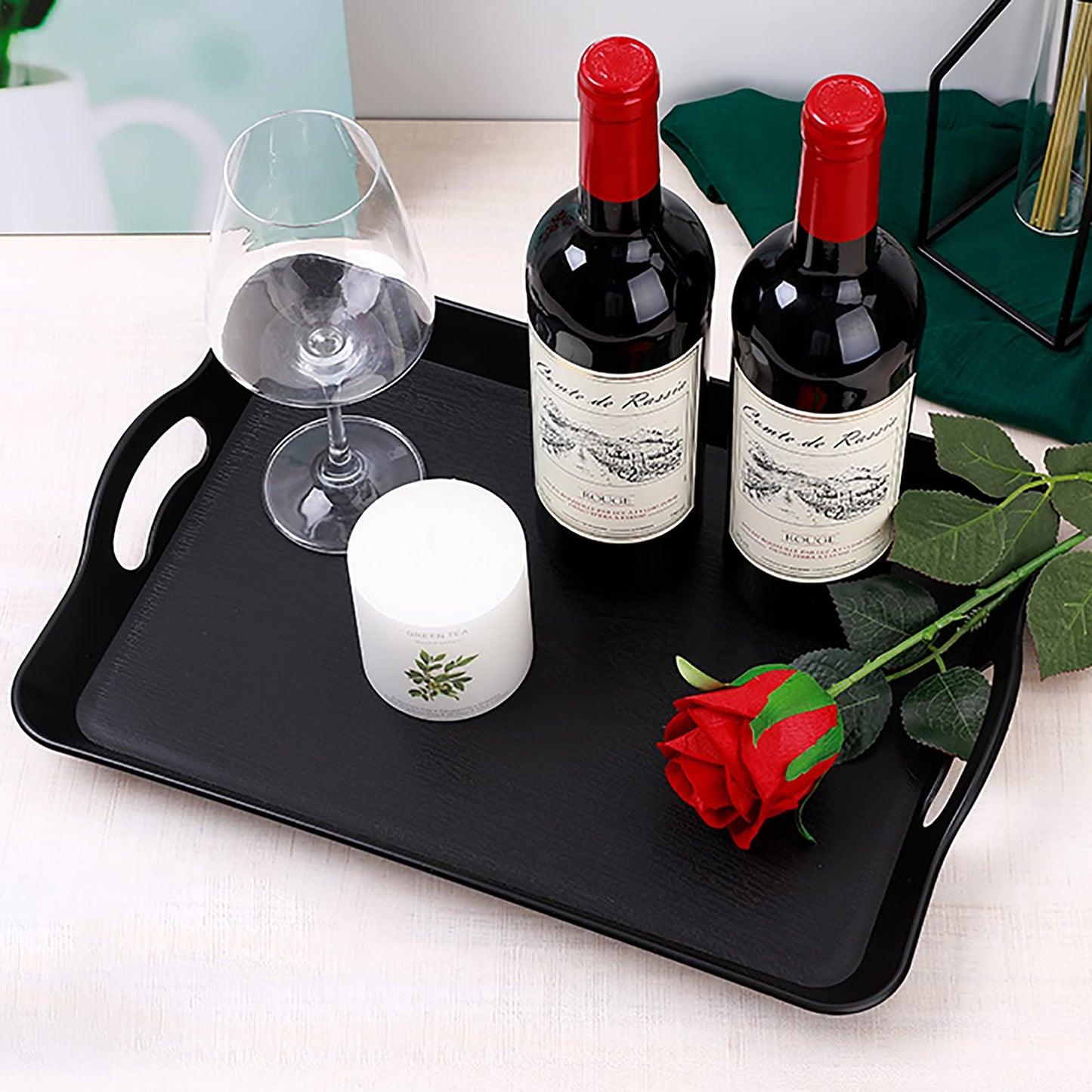 Cedilis 3 Pack Black Serving Trays with Handles,16 x 11IN Rectangular Non Skid Multi-Purpose Plastic OttomanTray for Restaurant, Parties, Coffee Table, Kitchen