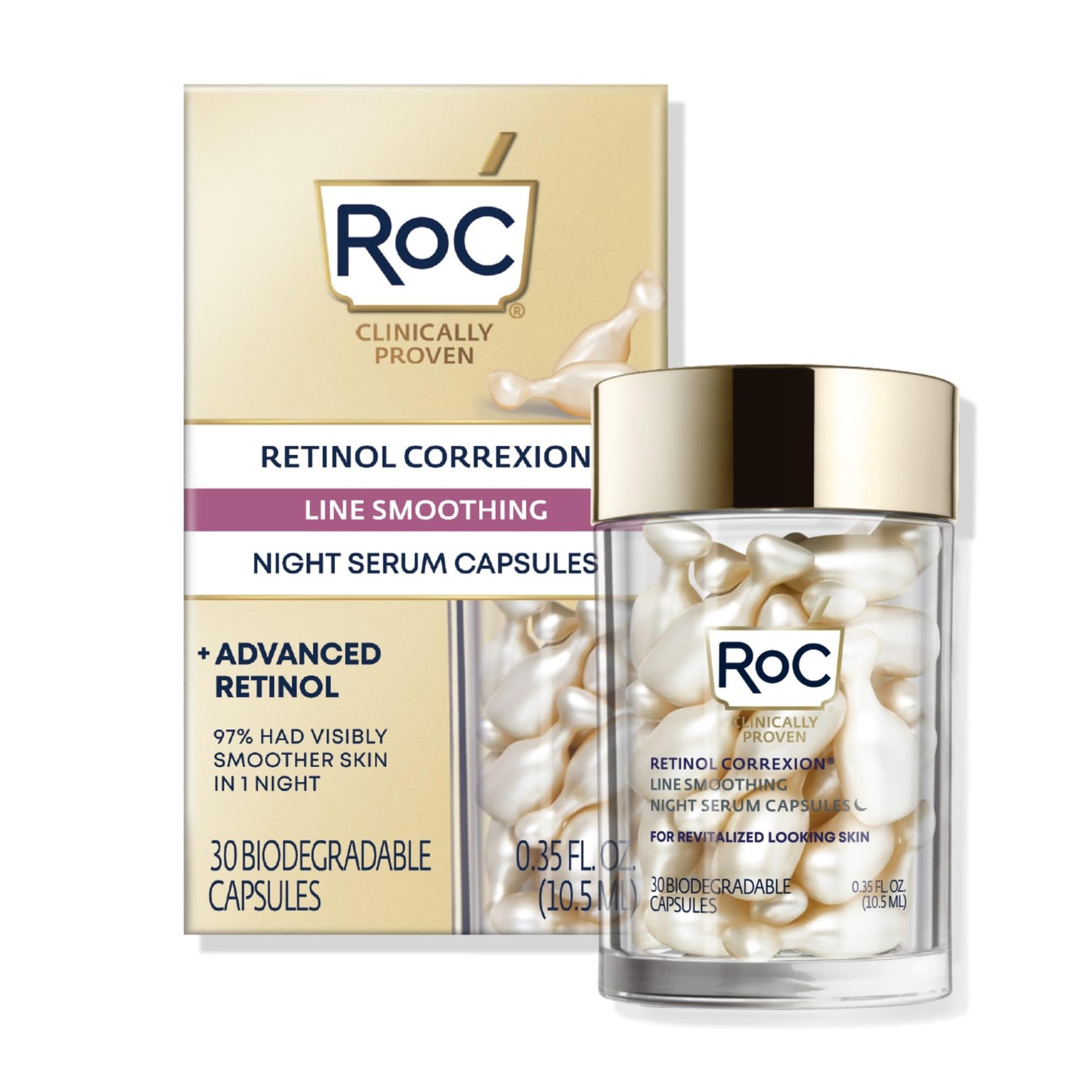 RoC Retinol Correxion Anti-Aging Wrinkle Night Serum, Daily Line Smoothing Skin Care Treatment for Fine Lines, Post-Acne Scars, 30 Individual Capsules, Unscented, 0.35 Fl Oz