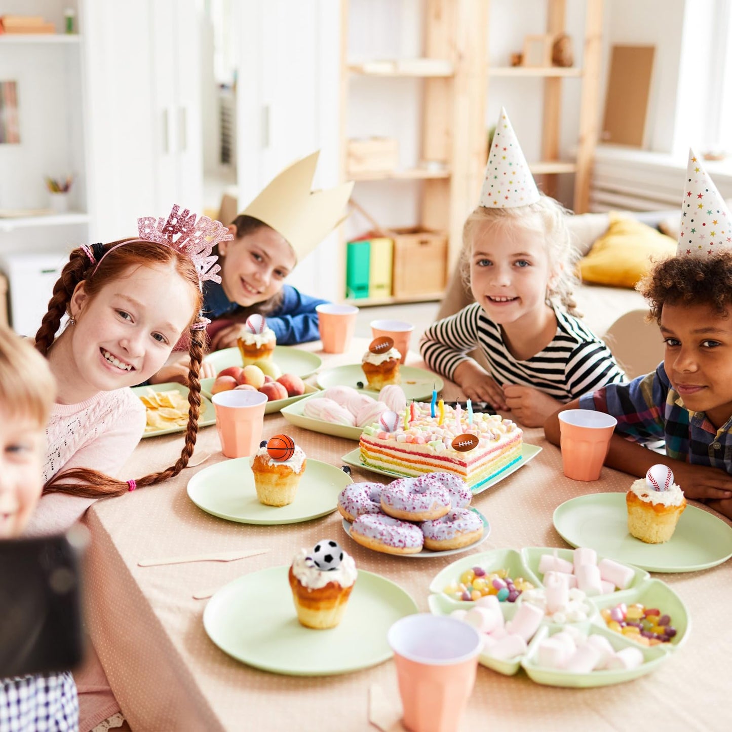 XunYee 32 Pcs Mini Foam Balls Sports Cupcake Toppers 1.6 Inch Basketball Soccer Stress Ball Small Football Baseball Cake Topper Sports Party Favors for Birthday Party Supplies Decoration(Mixed Balls)