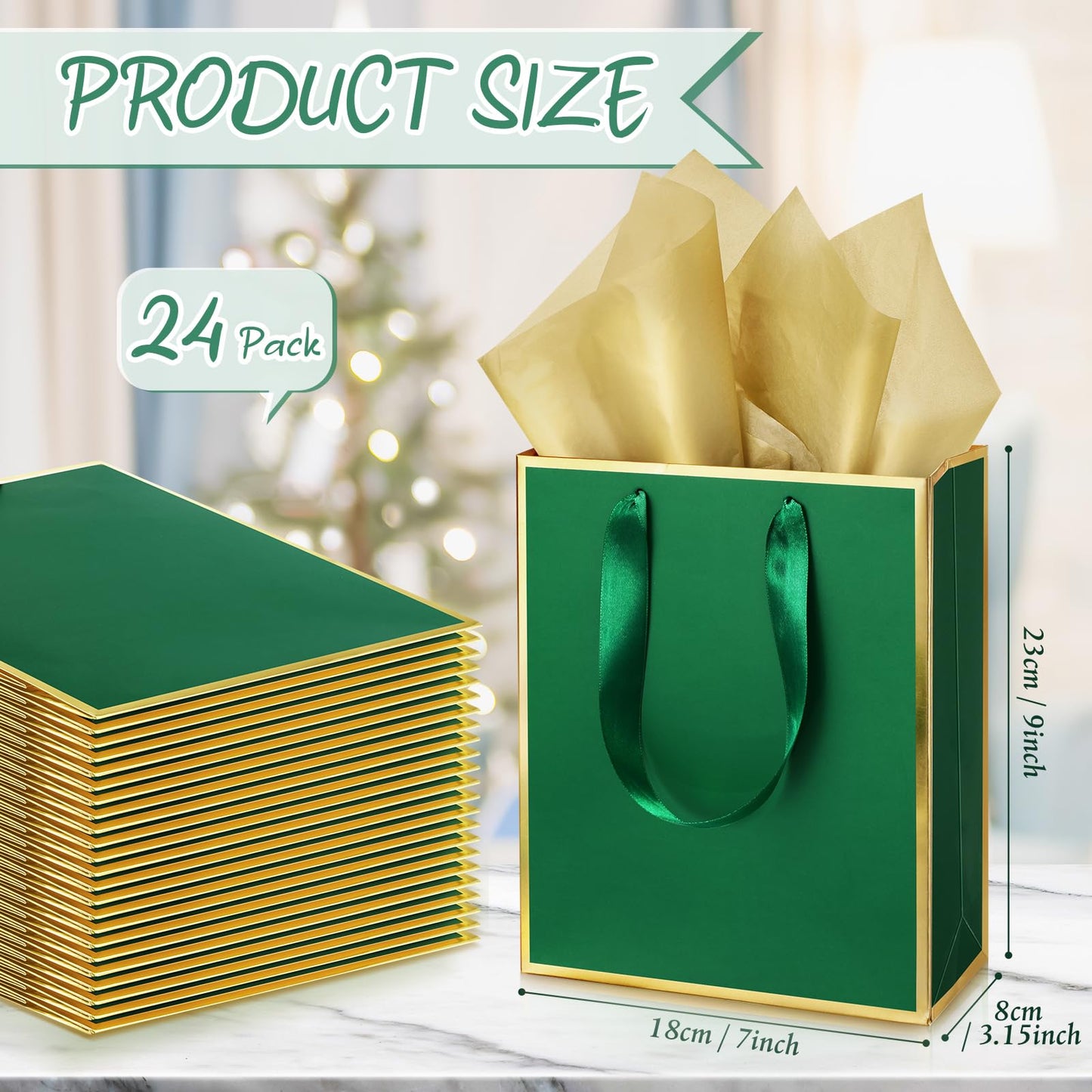 Yeaqee 24 Pack Metallic Paper Gift Bags with Handle and Tissue 9x7x3.1 Gold Foil Welcome Favor Bags Return Gifts for Wedding Fall 5 Senses Christmas Bridesmaid Birthday(Green Gold)