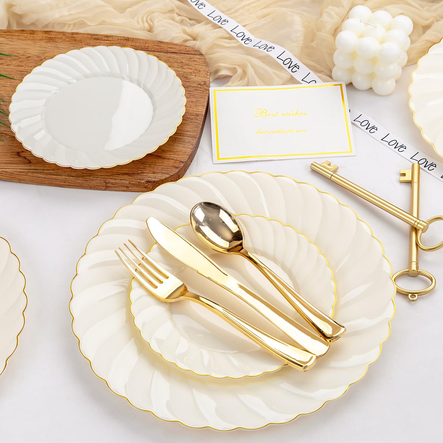 YOUBET 125PCS Scalloped Plastic Plates - Ivory Scalloped Disposable Plates - Gold Plastic Dinnerware Set Include 50 Plates, 75 Gold Silverware for Party & Wedding