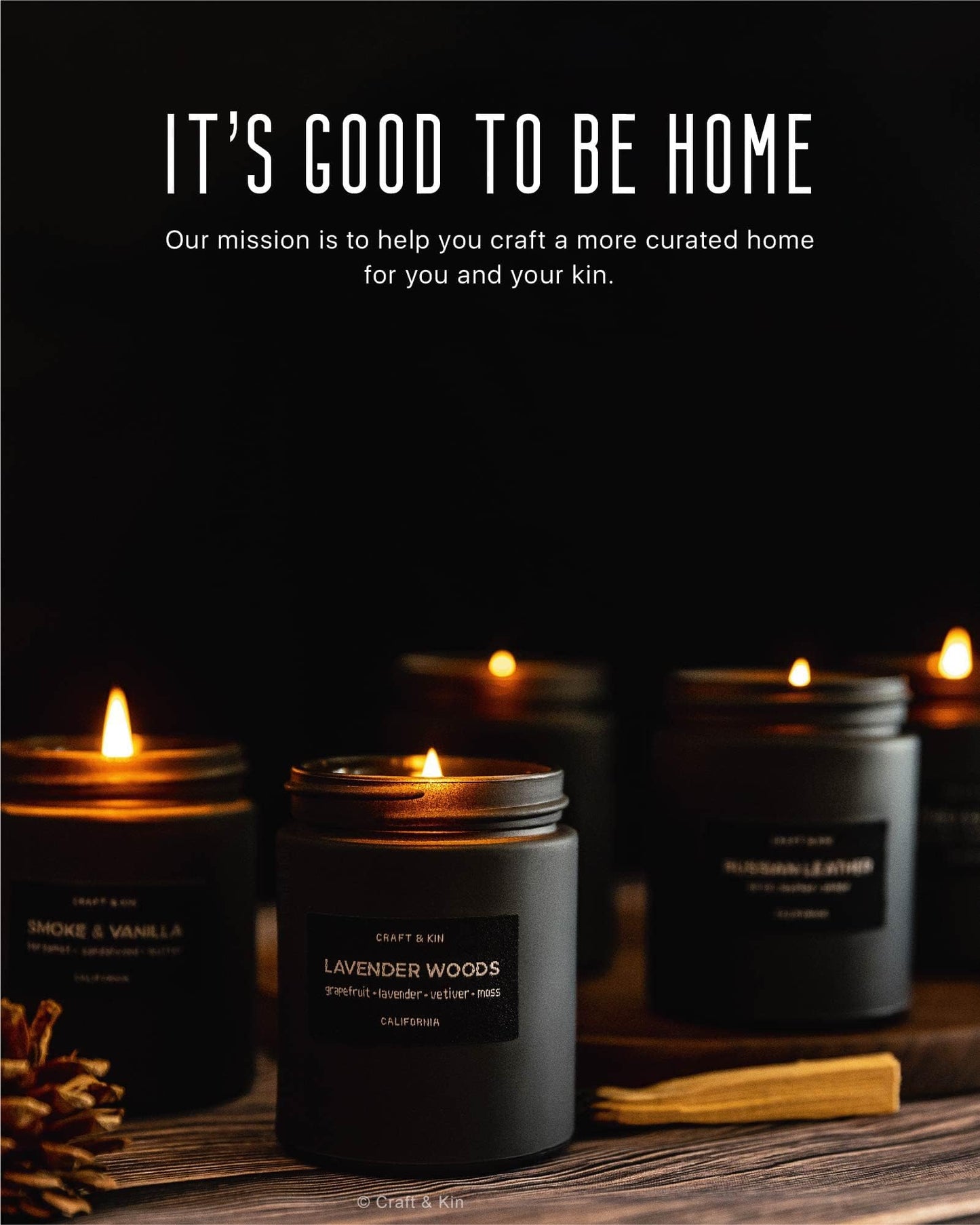 Craft & Kin Premium Smoke & Vanilla Candle | Black Scented Candles for Men | Long Lasting with 45 Hour Burn Time, 7.6oz | Made with Soy | Aromatherapy at Home | Gifts for Men